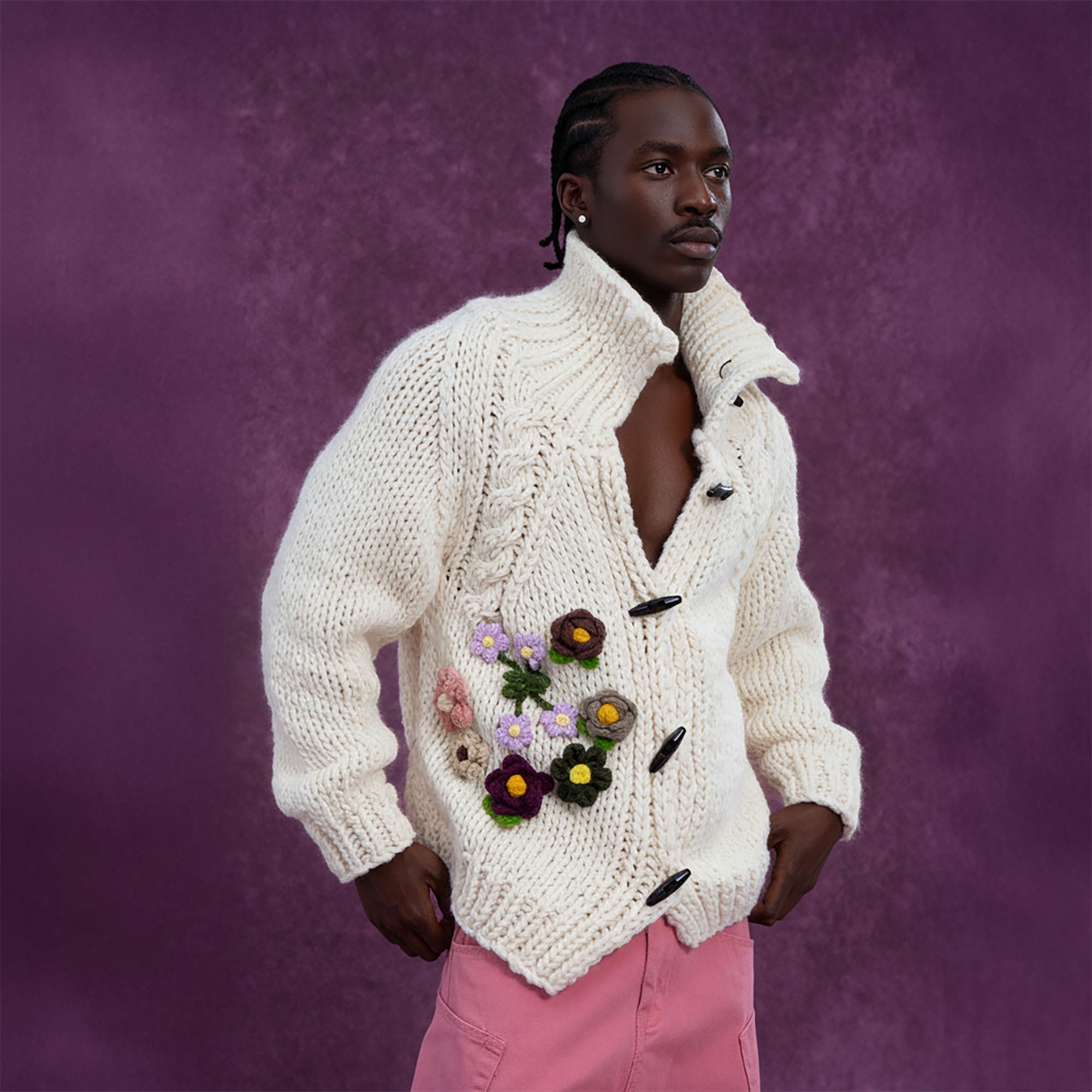 Chunky Knit Cardigan with Crocheted Flowers