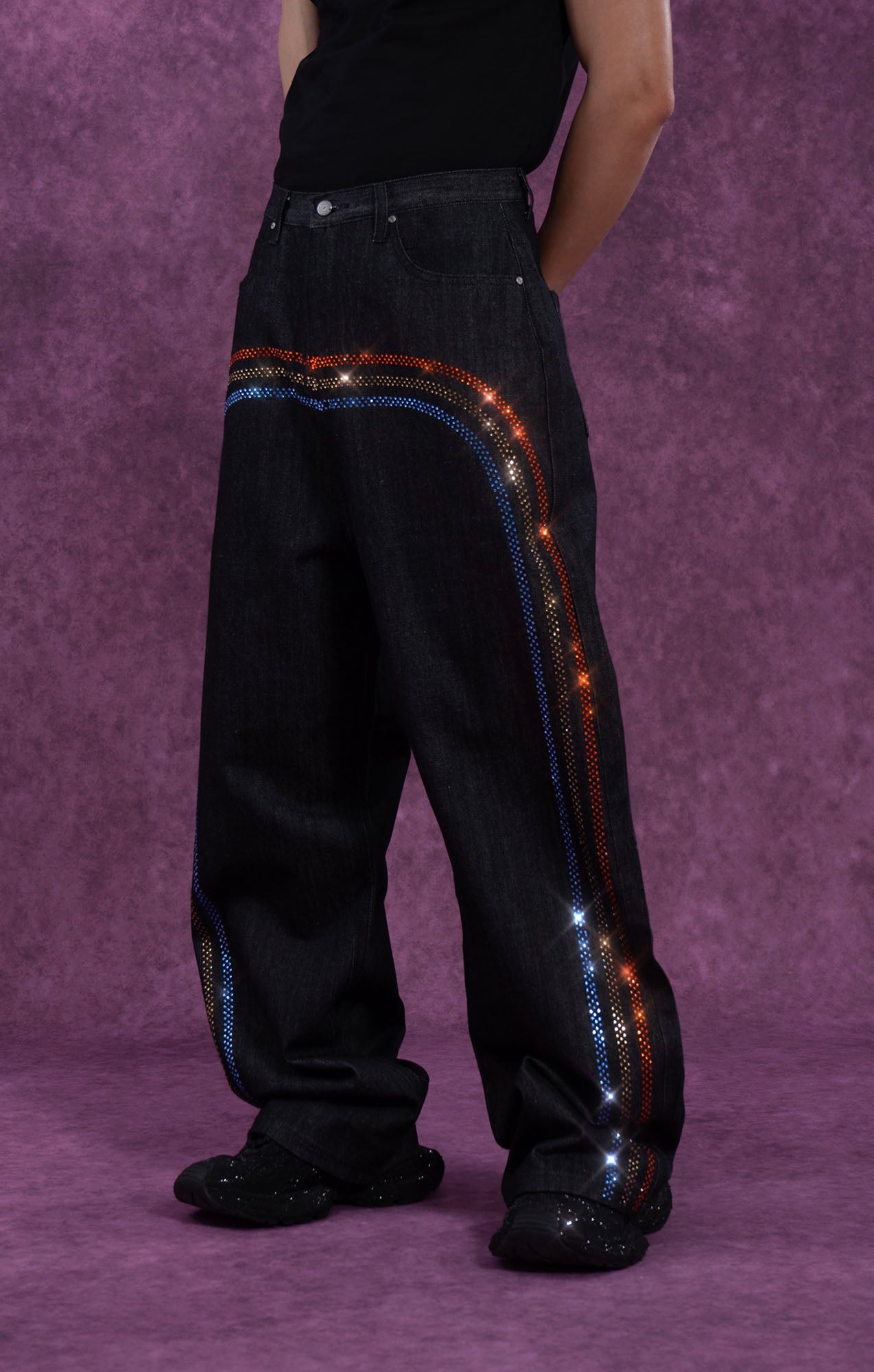 Black Rhinestone Embellished Wide-Leg Jeans