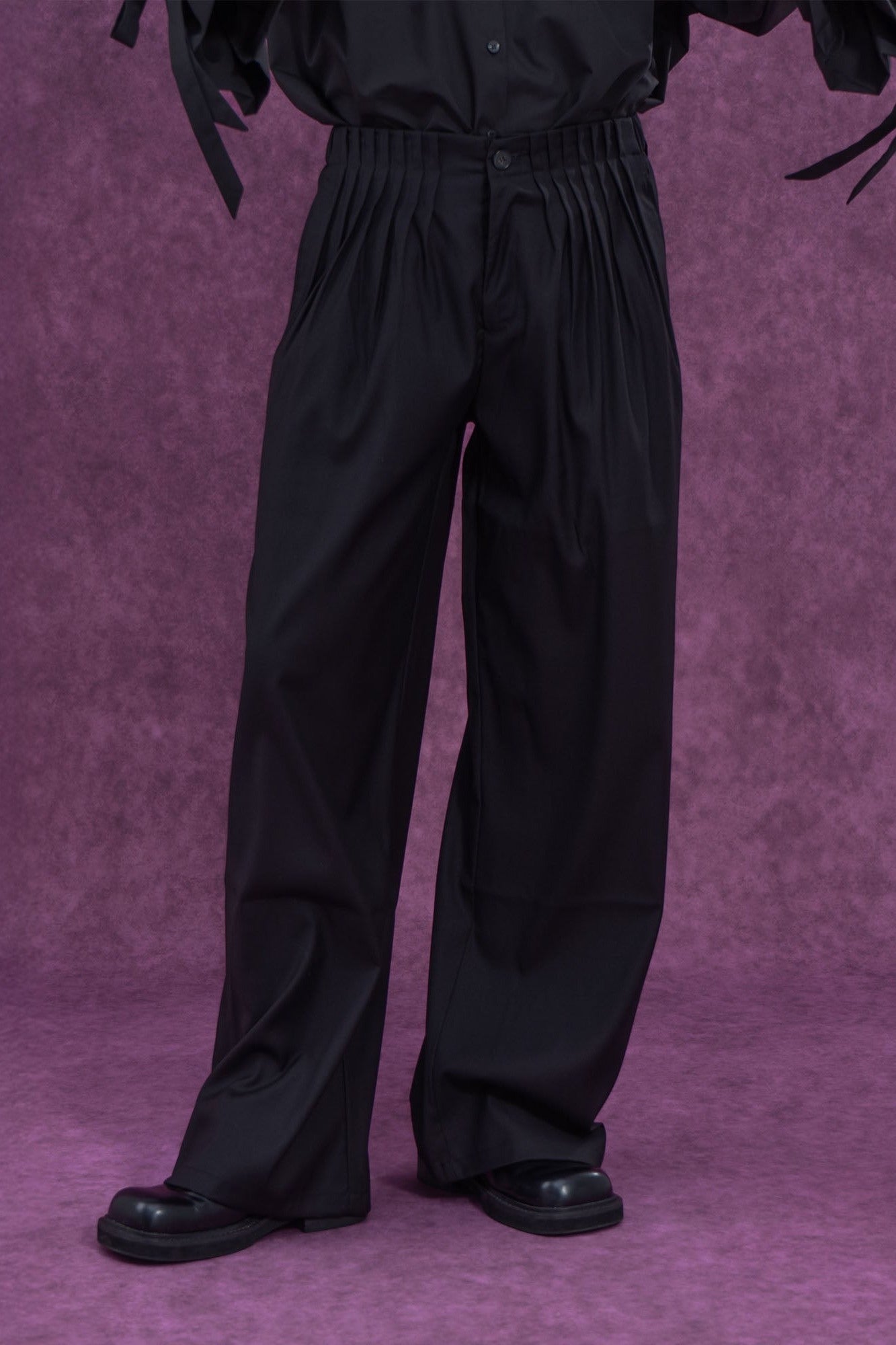 Pleated Waist Black Wide-Leg Trousers