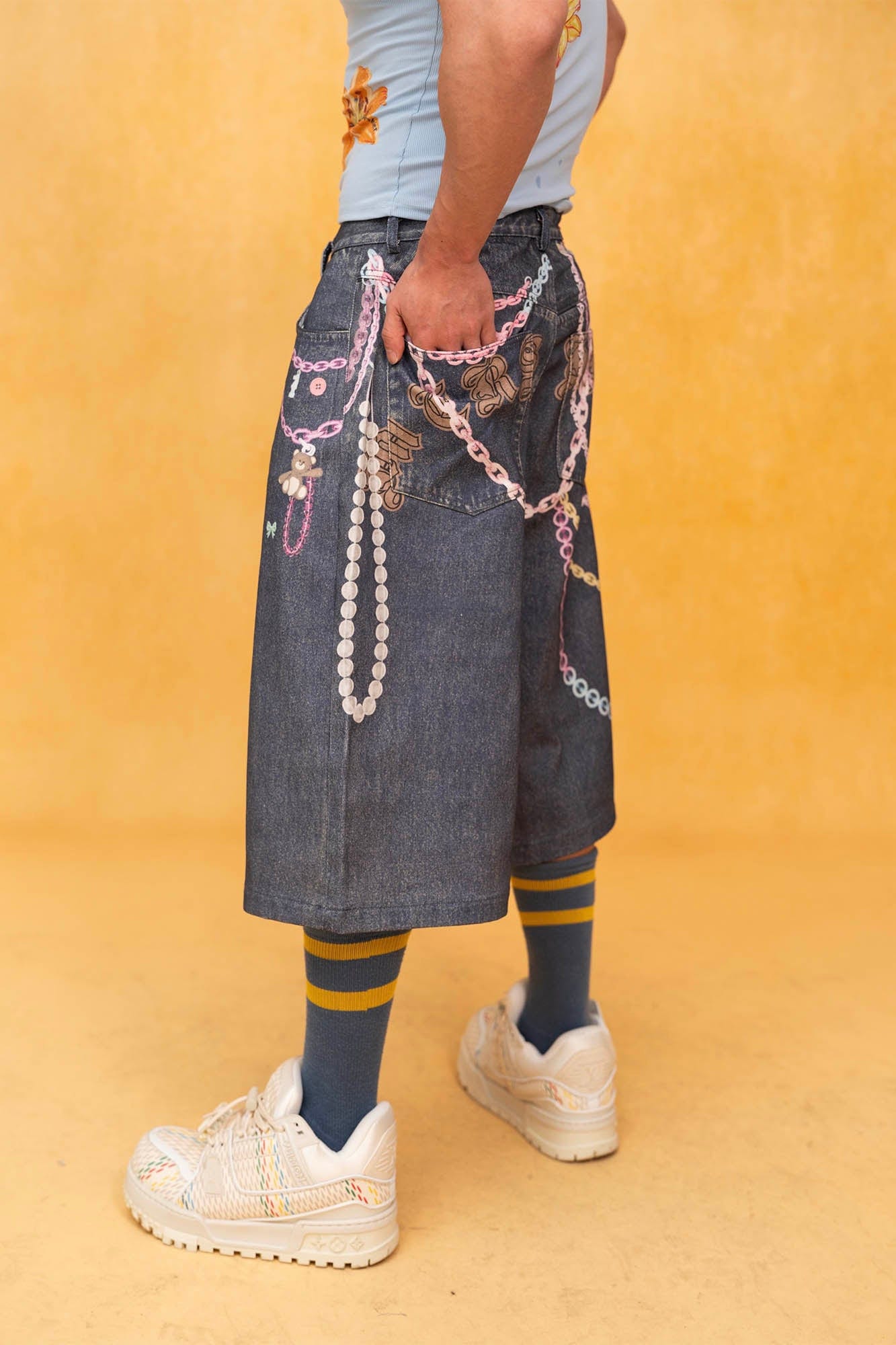 Pastel Charm Chain Denim Shorts