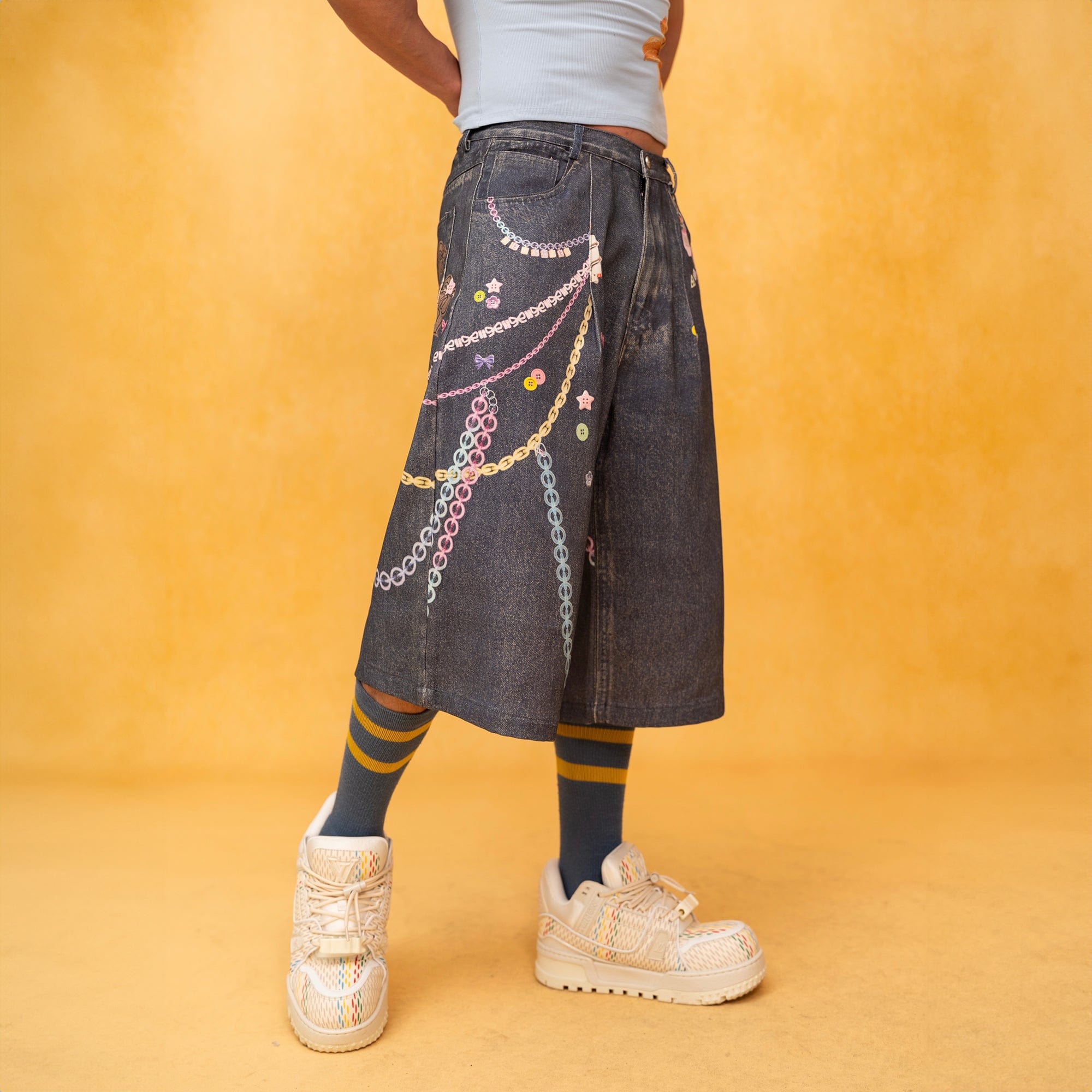 Pastel Charm Chain Denim Shorts