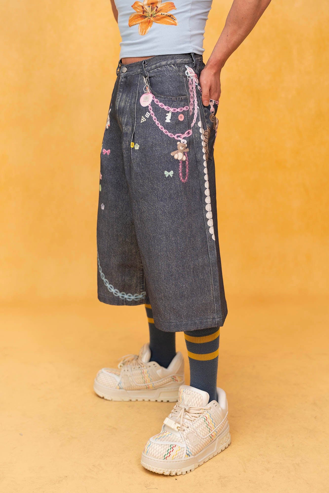 Pastel Charm Chain Denim Shorts