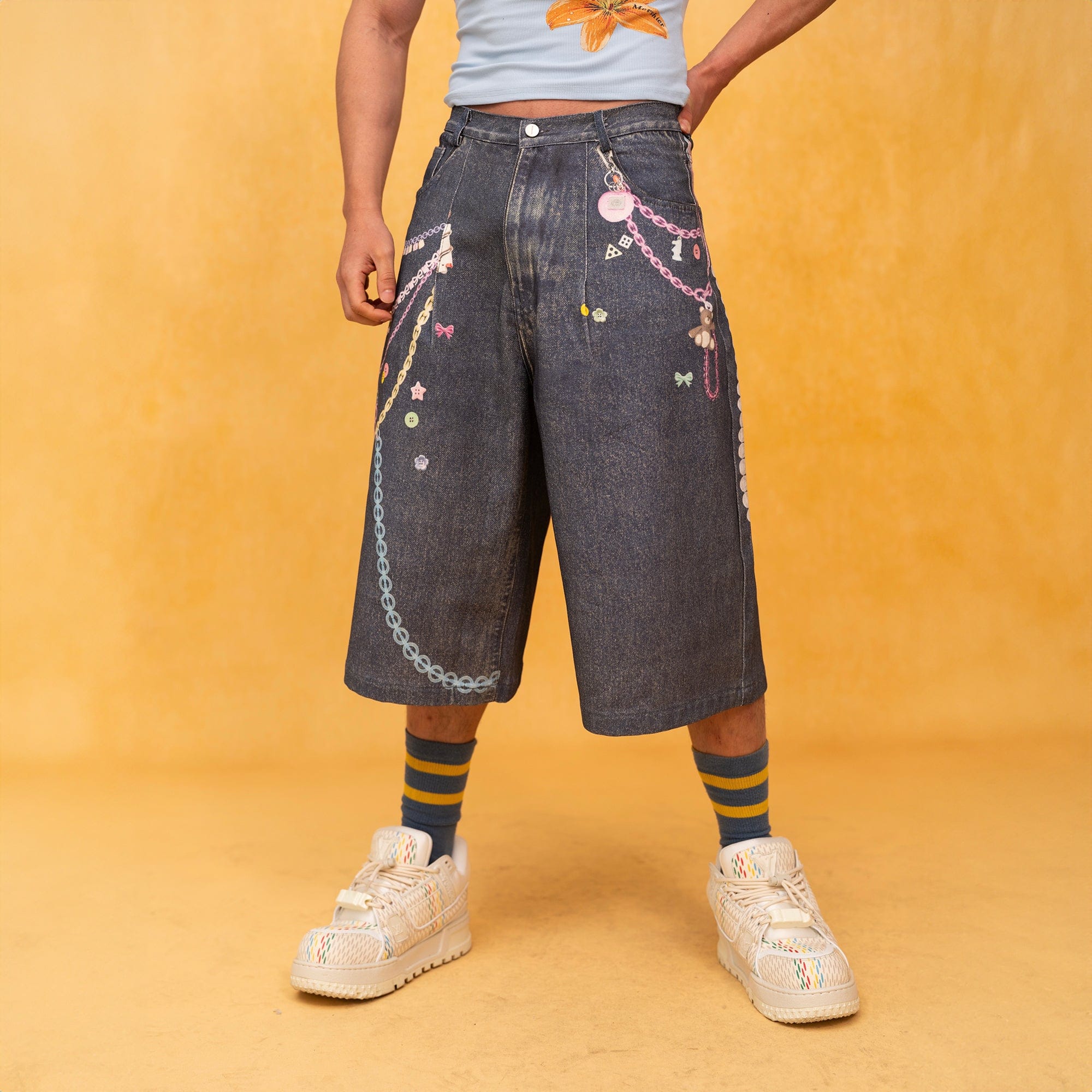 Pastel Charm Chain Denim Shorts