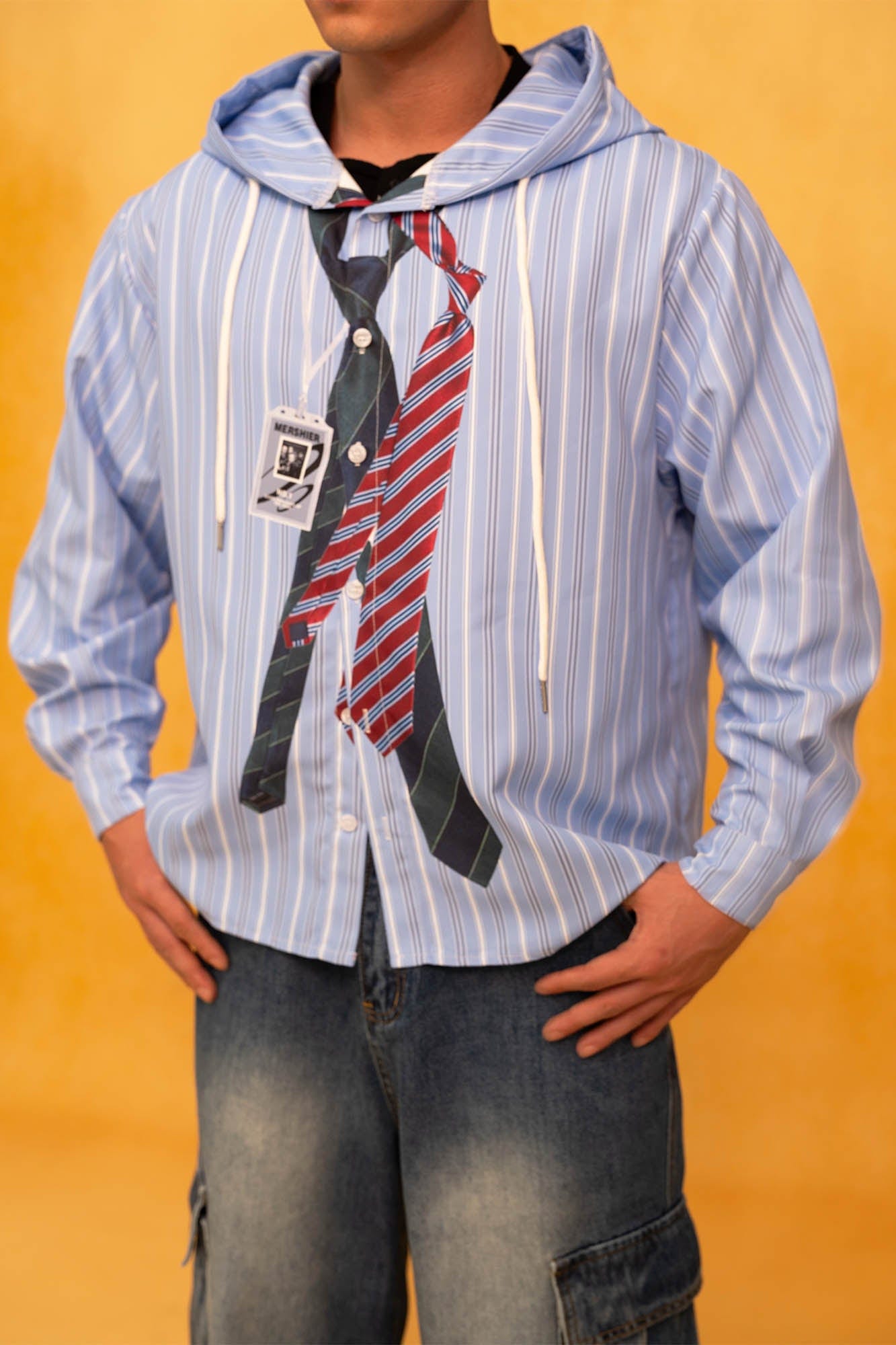 Striped Hoodie Shirt with Tie Print