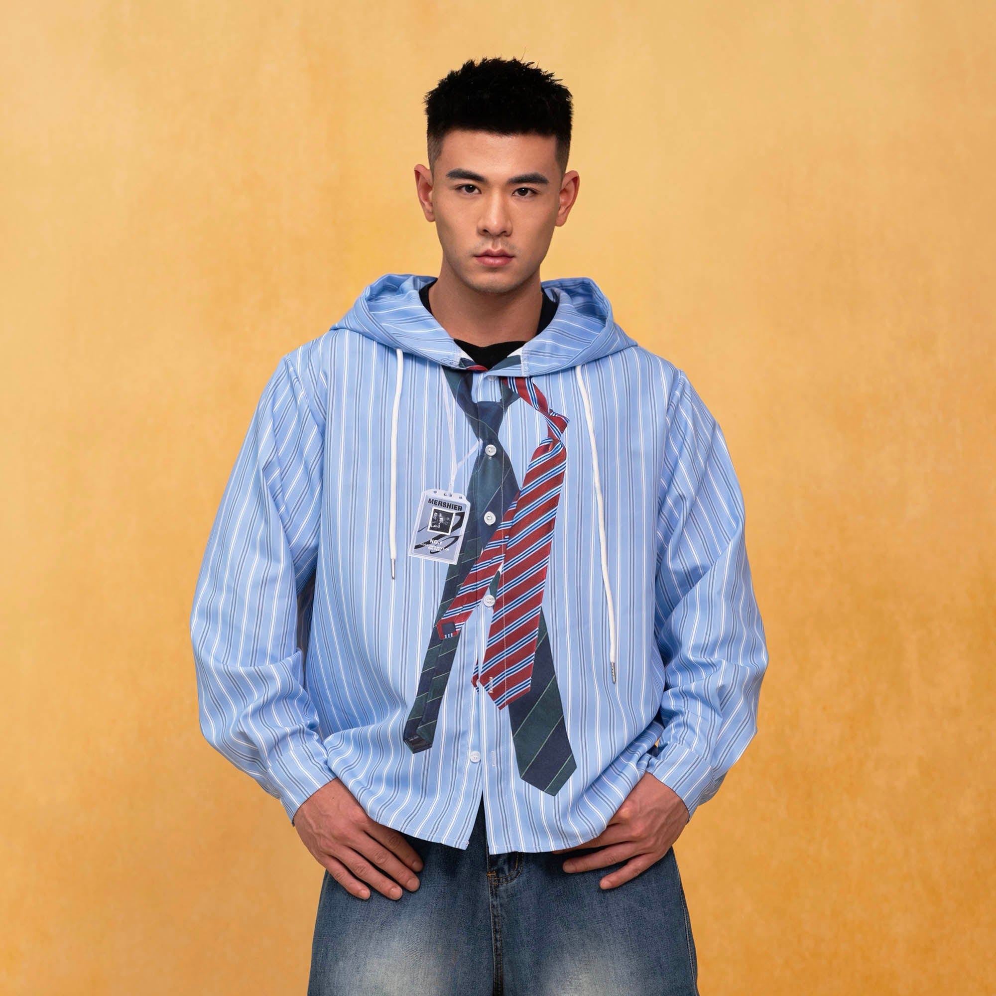 Striped Hoodie Shirt with Tie Print M Striped Hoodie Shirt with Tie Print M