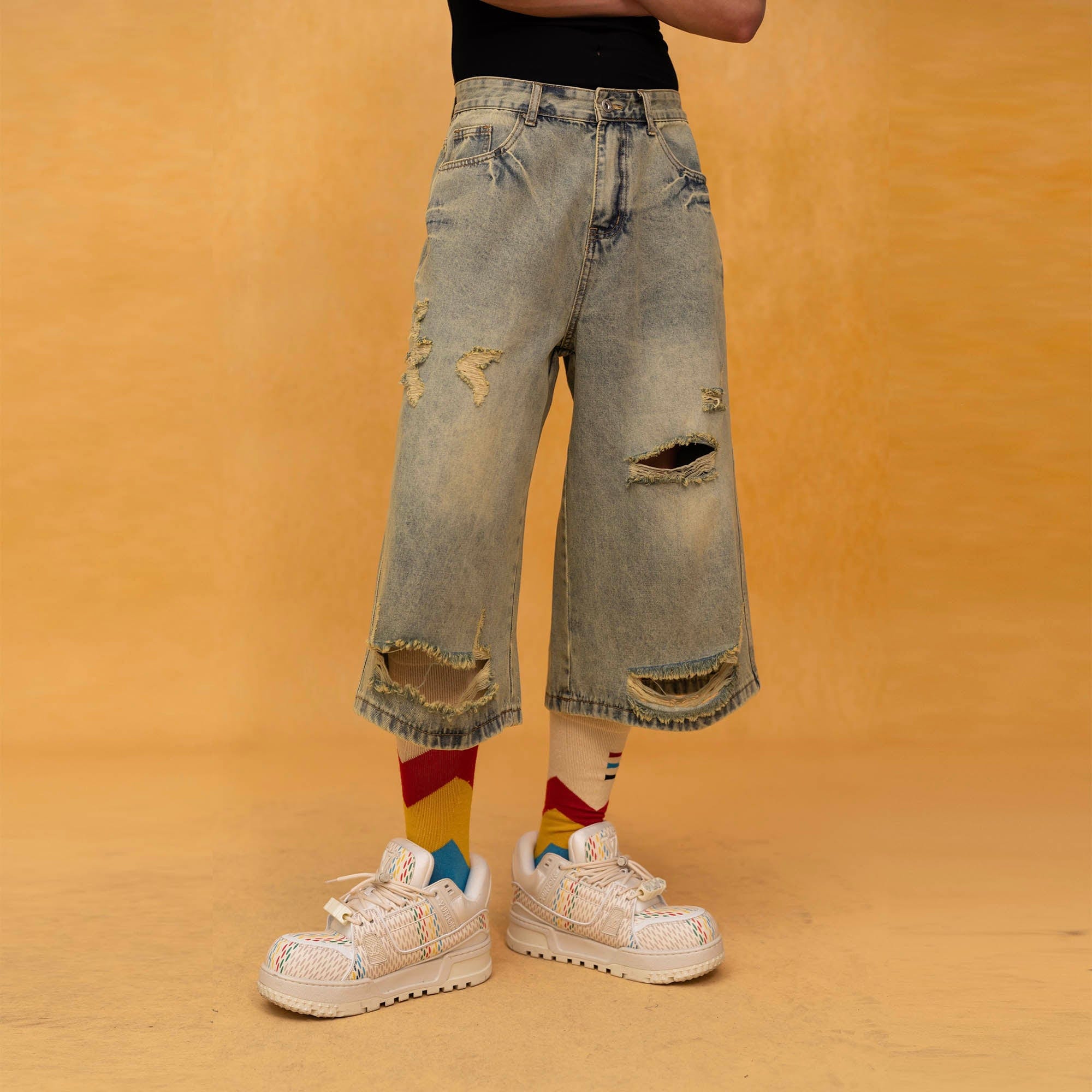 Distressed Wide-Leg Knee-Length Denim Shorts