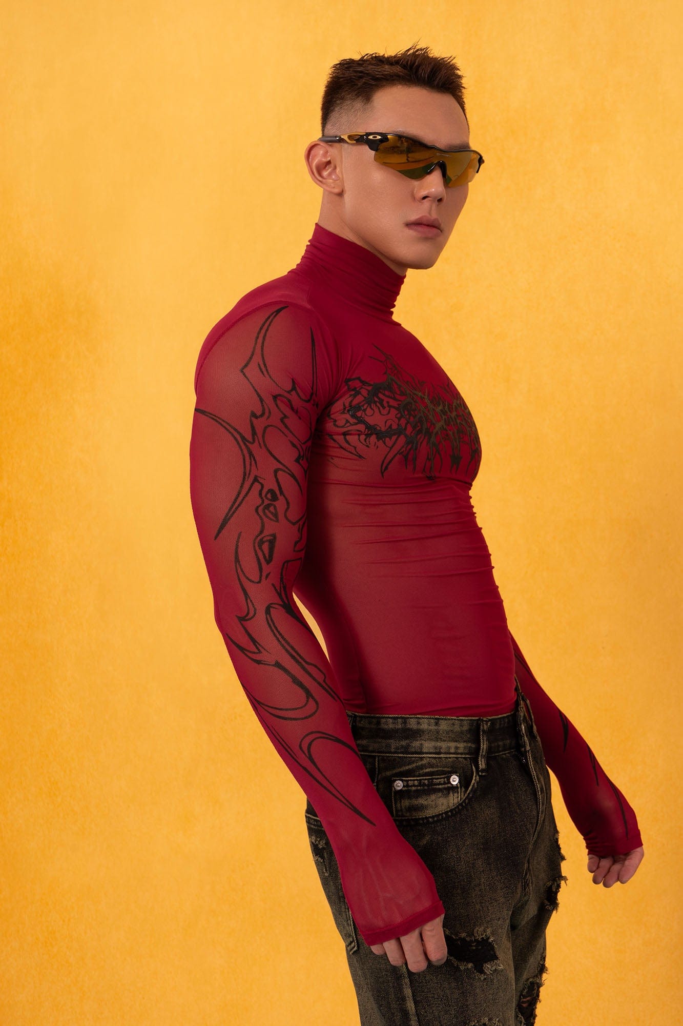 Abstract Gothic Sheer Mesh Graphic Top