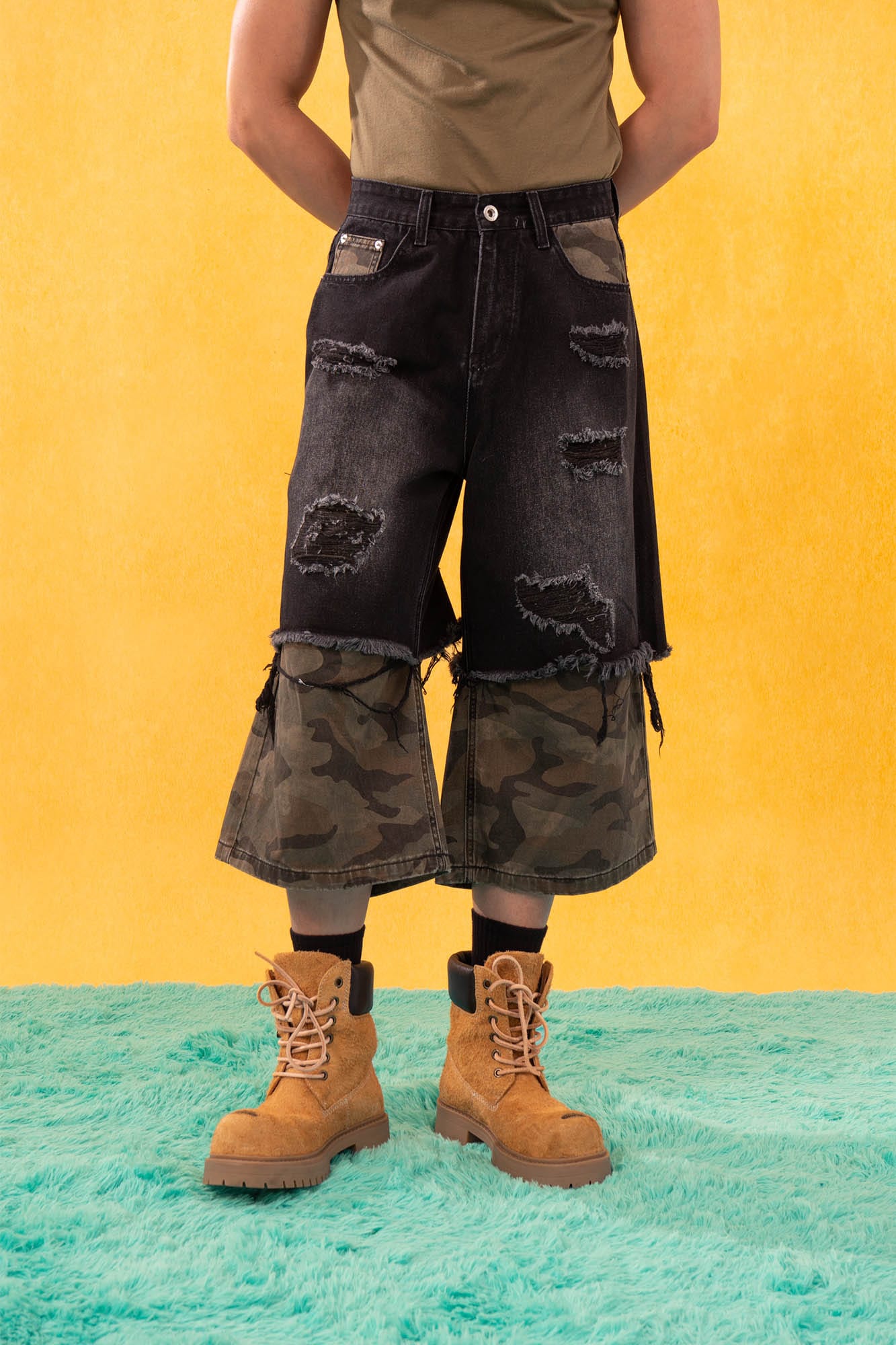 Camo Patchwork Distressed Denim Shorts