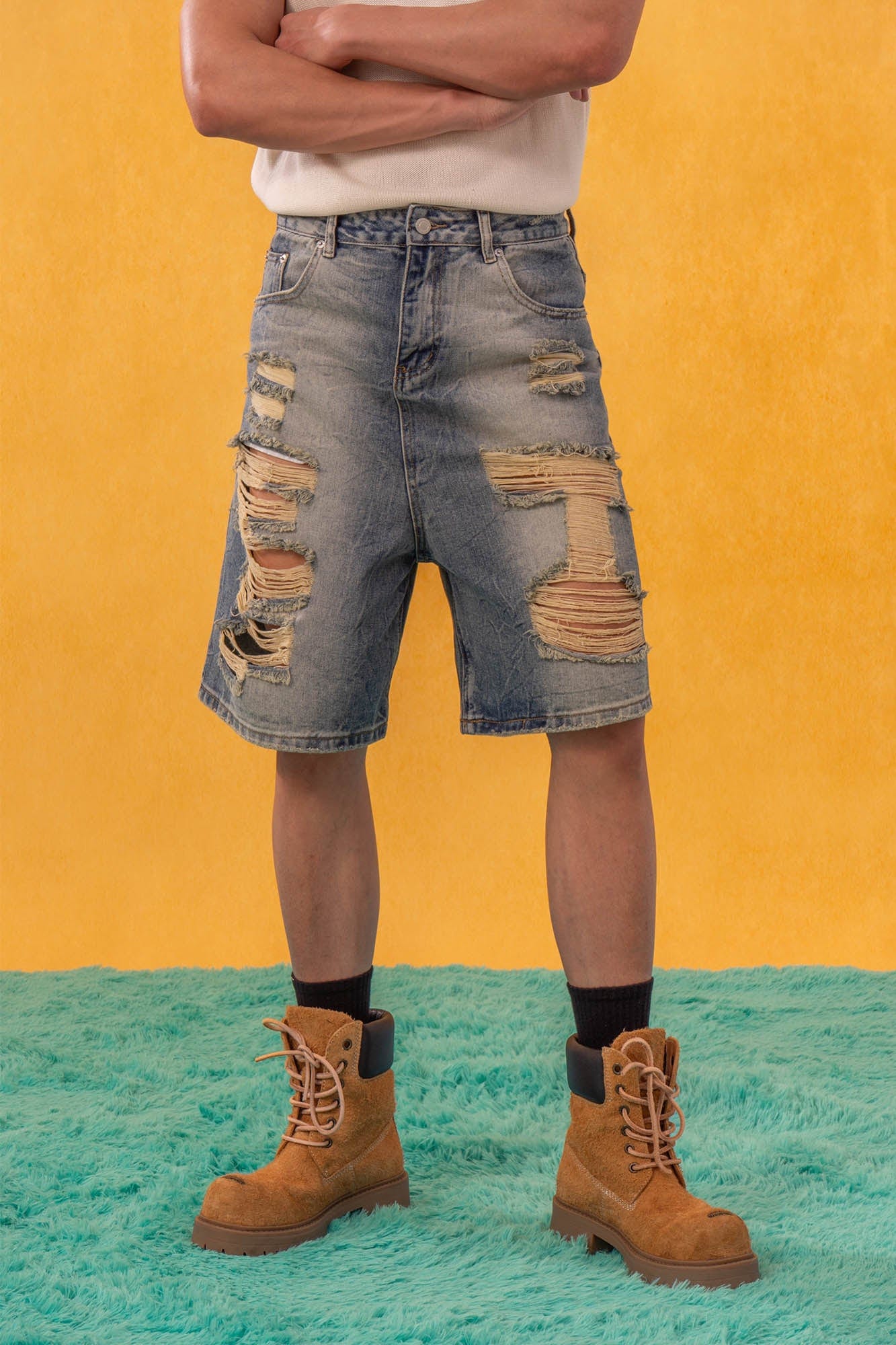 Destroyed Frayed Denim Shorts