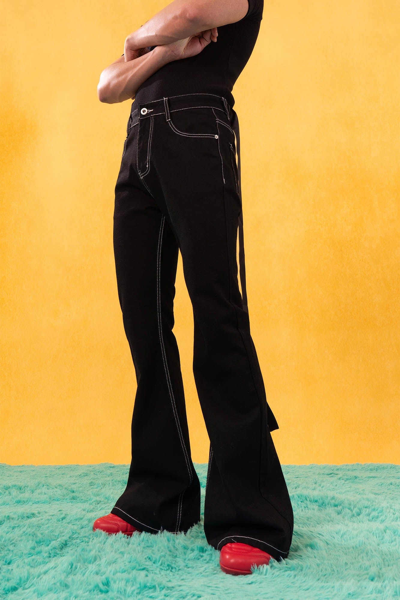 Black Flared Jeans with Contrast White Stitching