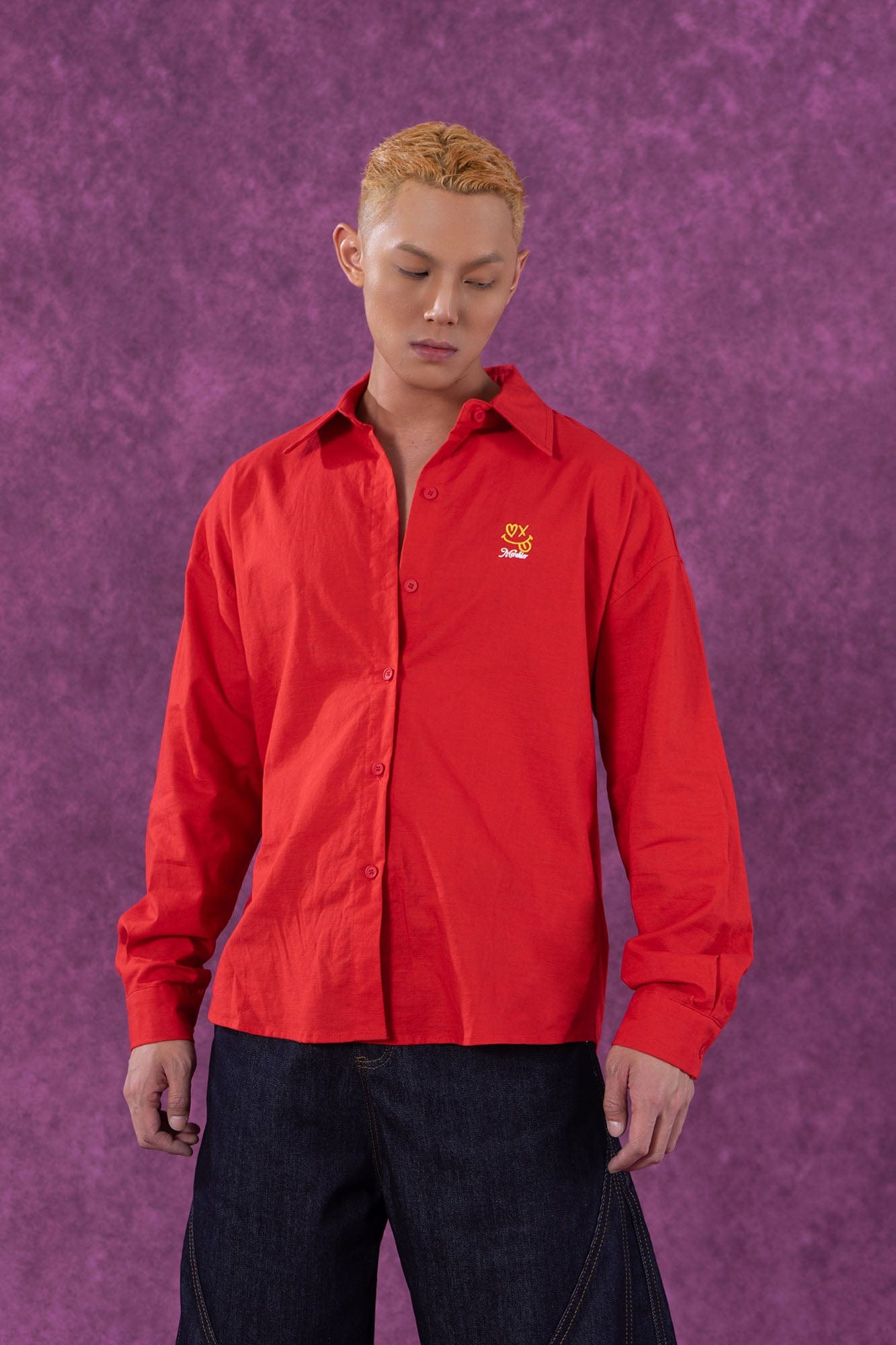 Red Embroidered Logo Button-Up Shirt