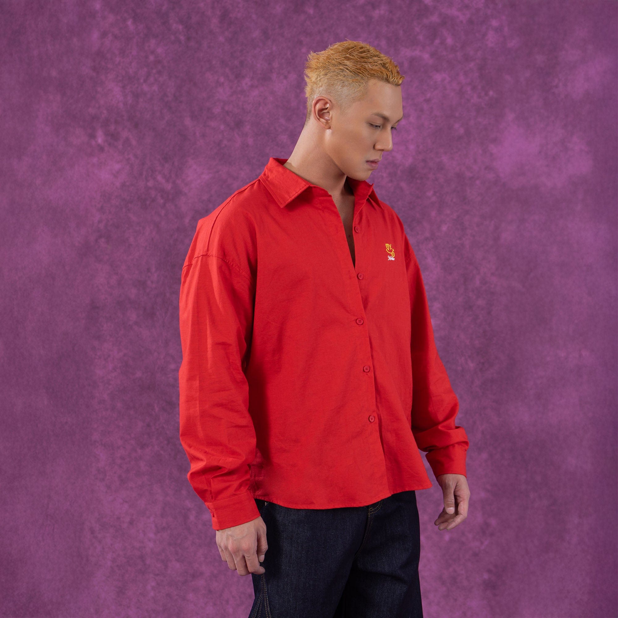 Red Embroidered Logo Button-Up Shirt
