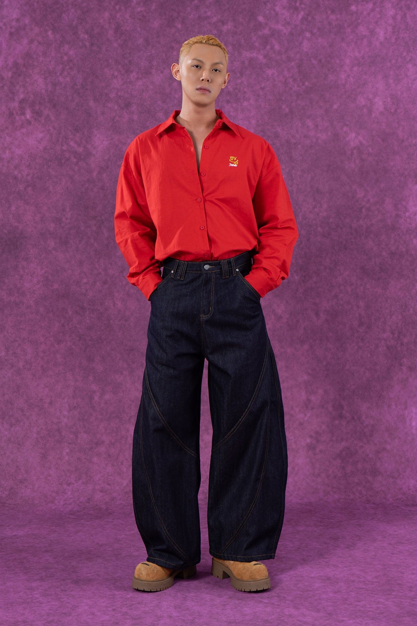 Red Embroidered Logo Button-Up Shirt