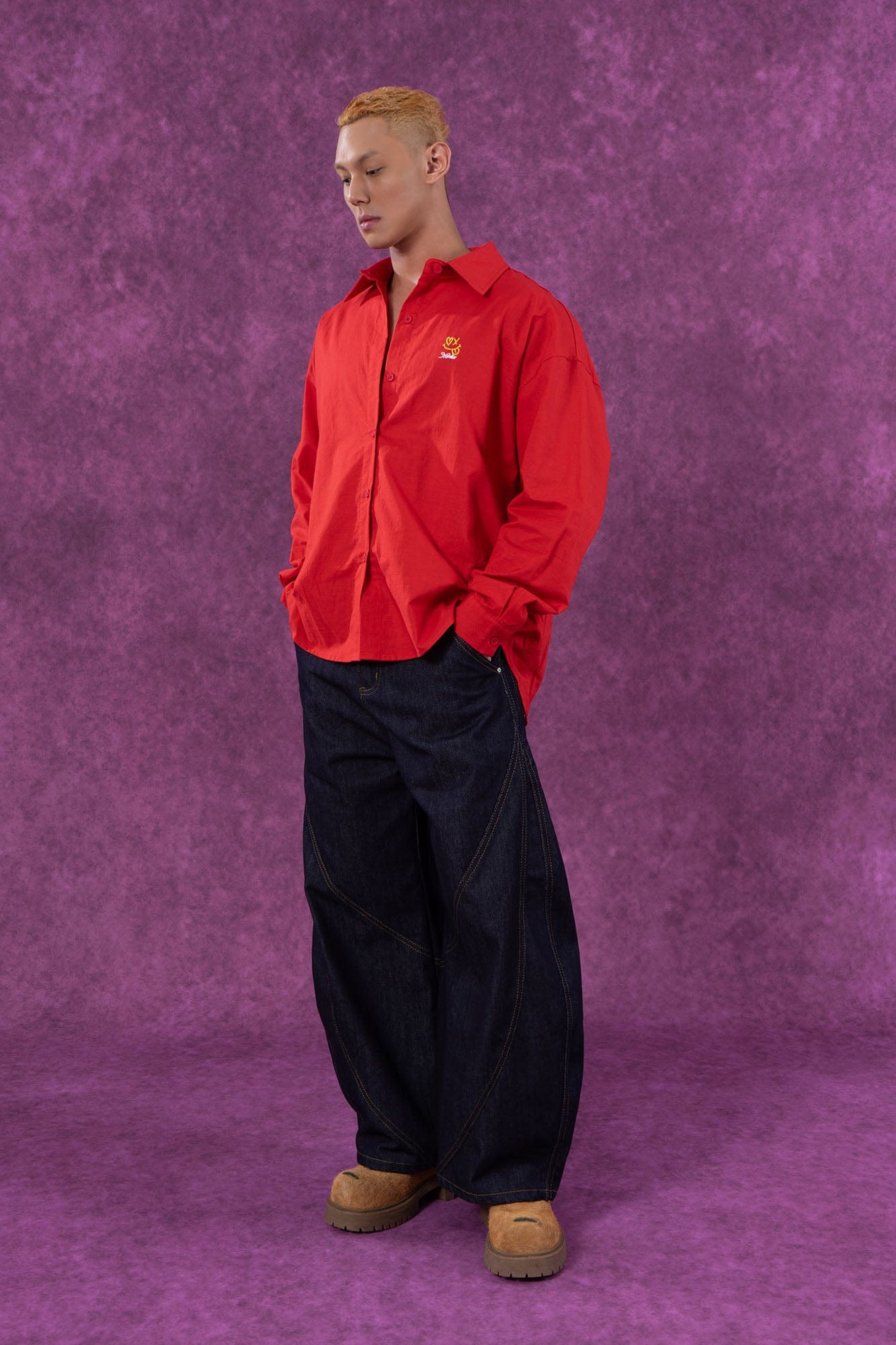 Red Embroidered Logo Button-Up Shirt