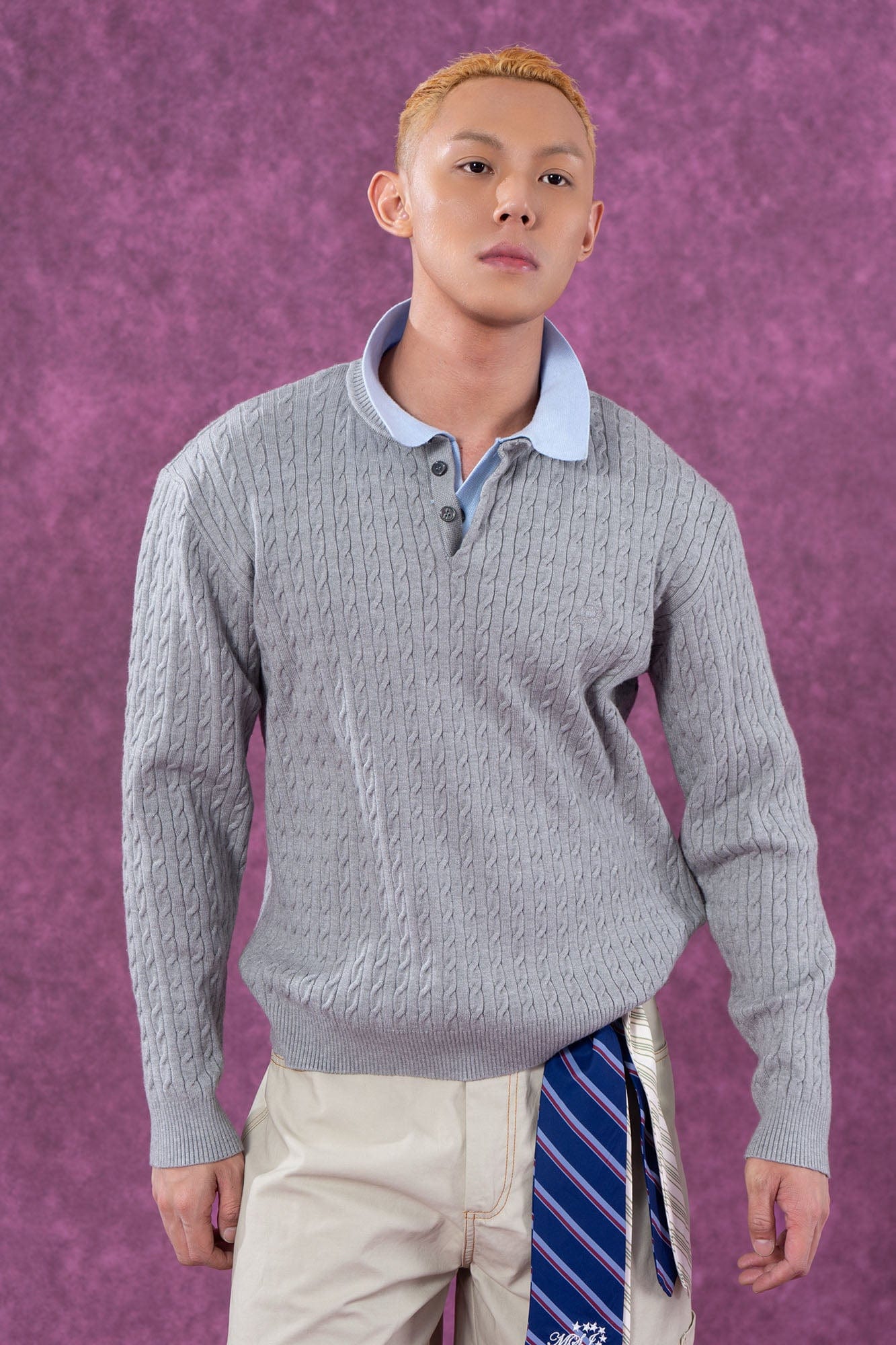 Preppy Cable Knit Polo Sweater