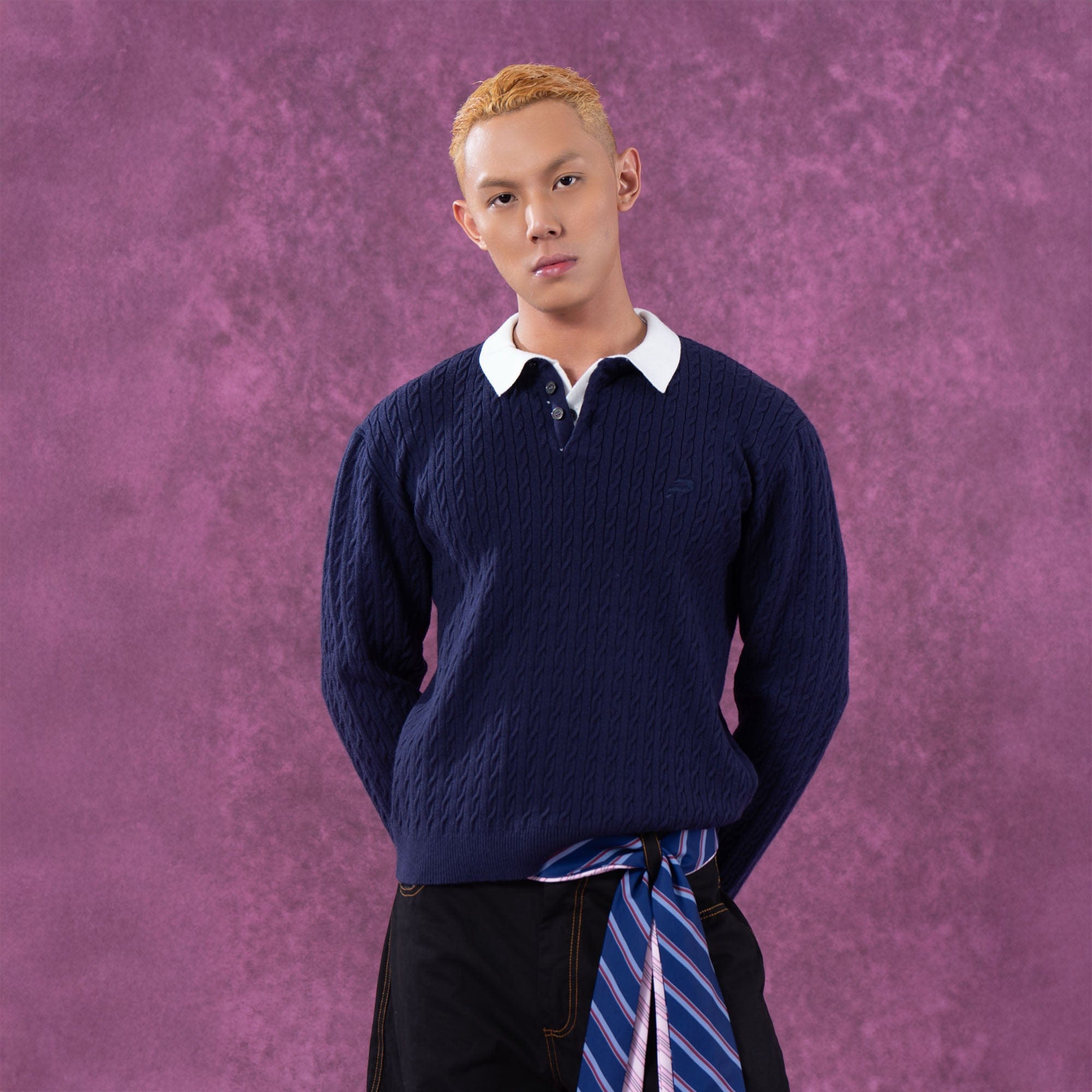 Preppy Cable Knit Polo Sweater