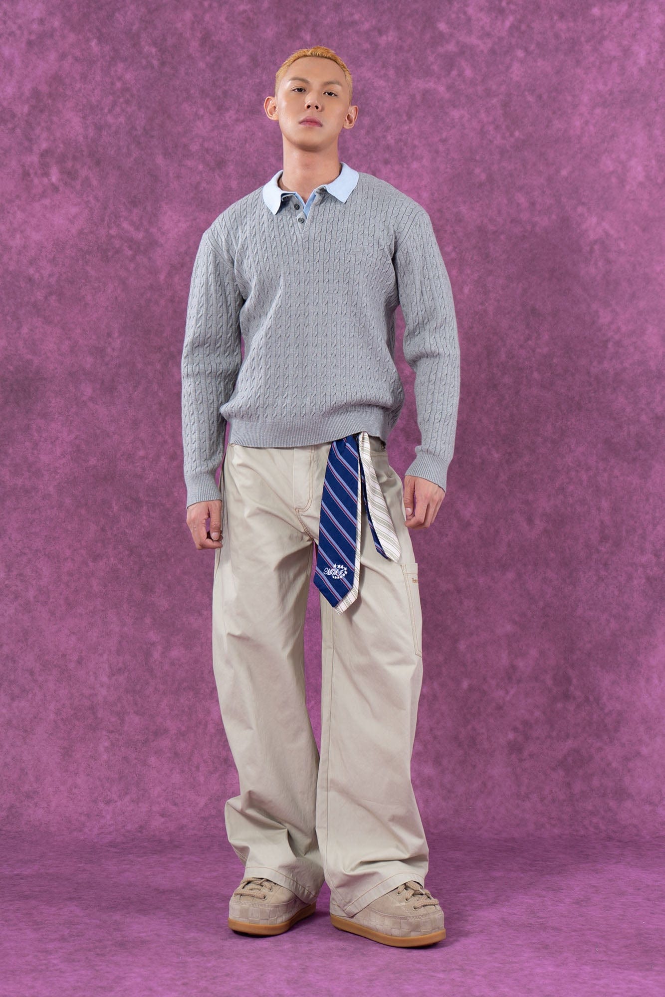 Preppy Cable Knit Polo Sweater