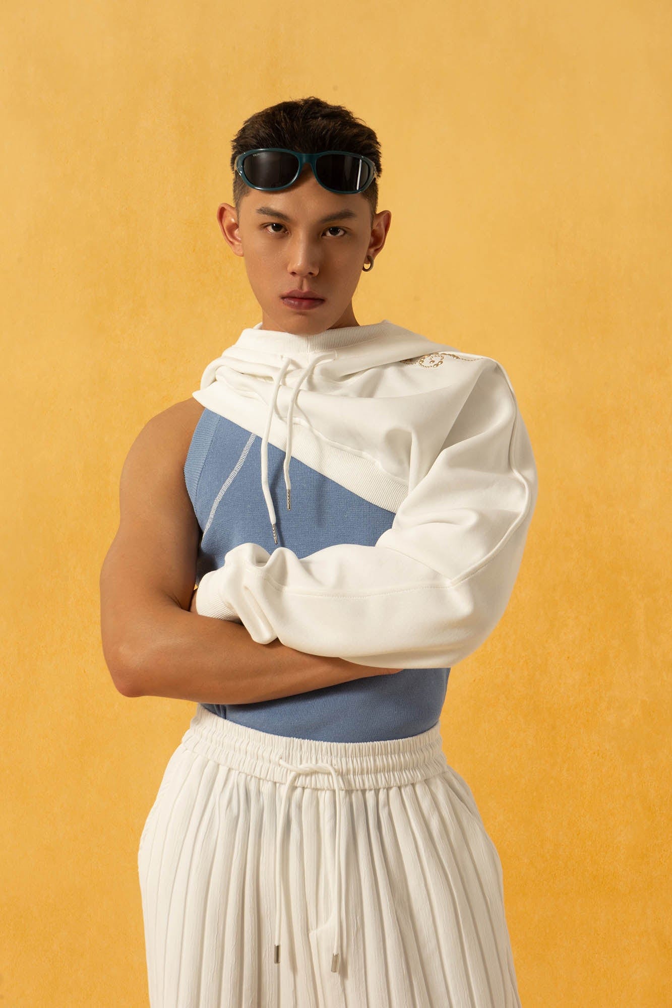 Asymmetrical Layered Top with Hoodie Sleeve