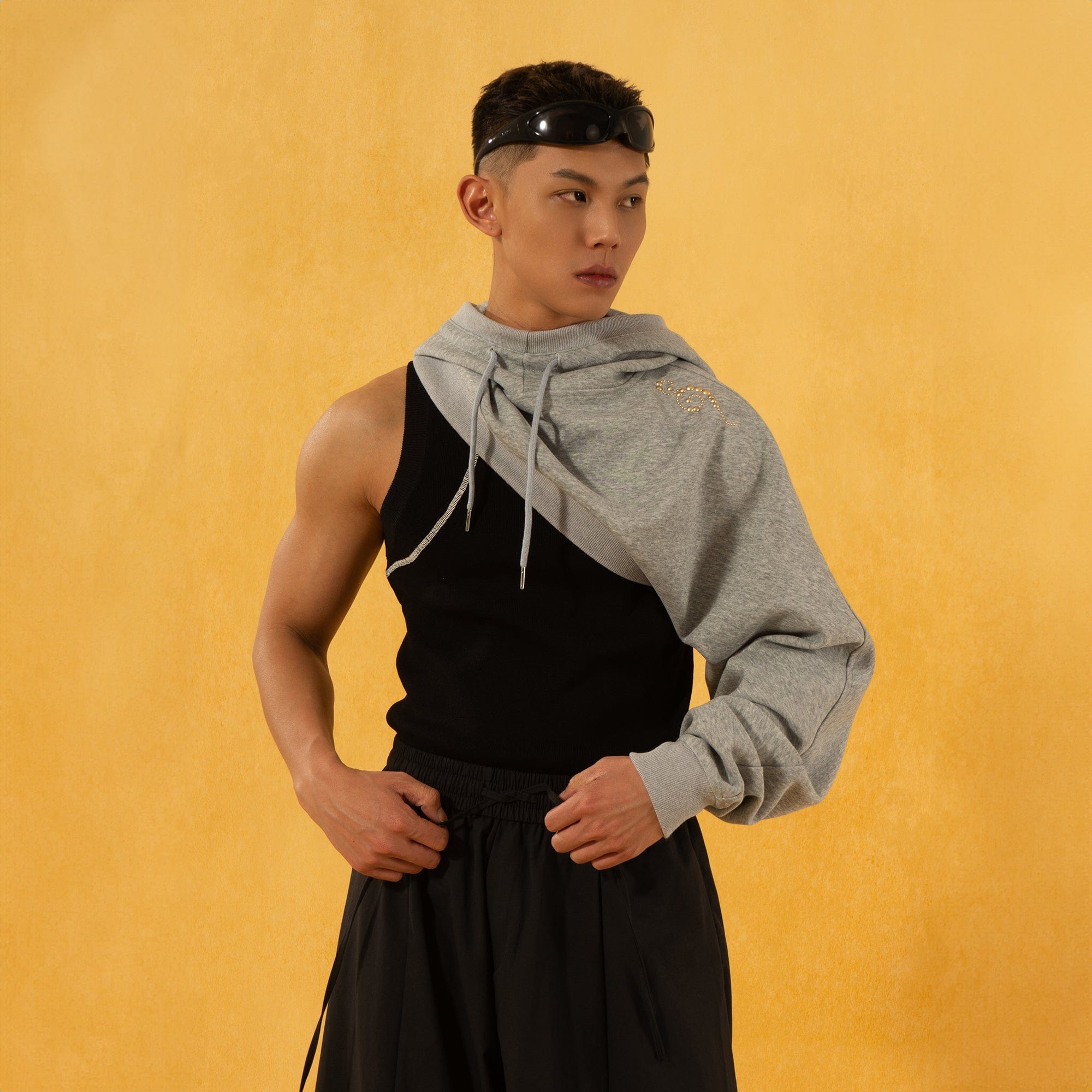 Asymmetrical Layered Top with Hoodie Sleeve