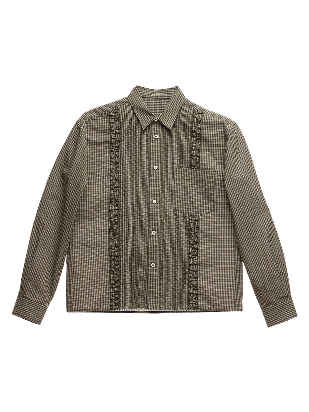 Ruffle Plaid Cotton Shirt - Olive Green