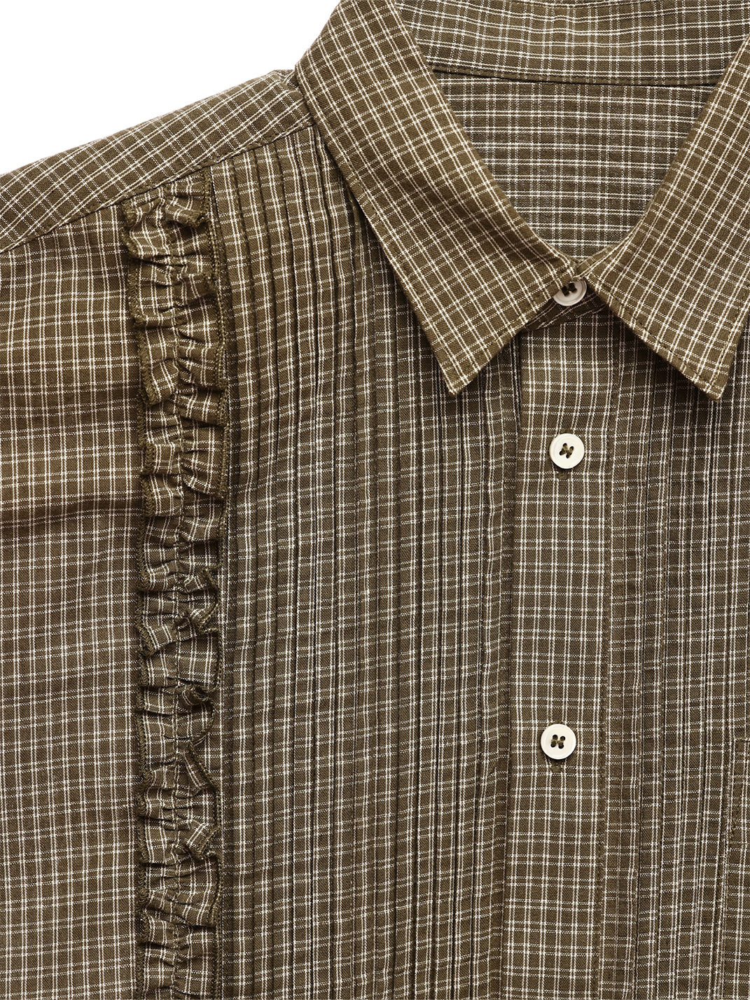 Ruffle Plaid Cotton Shirt - Olive Green