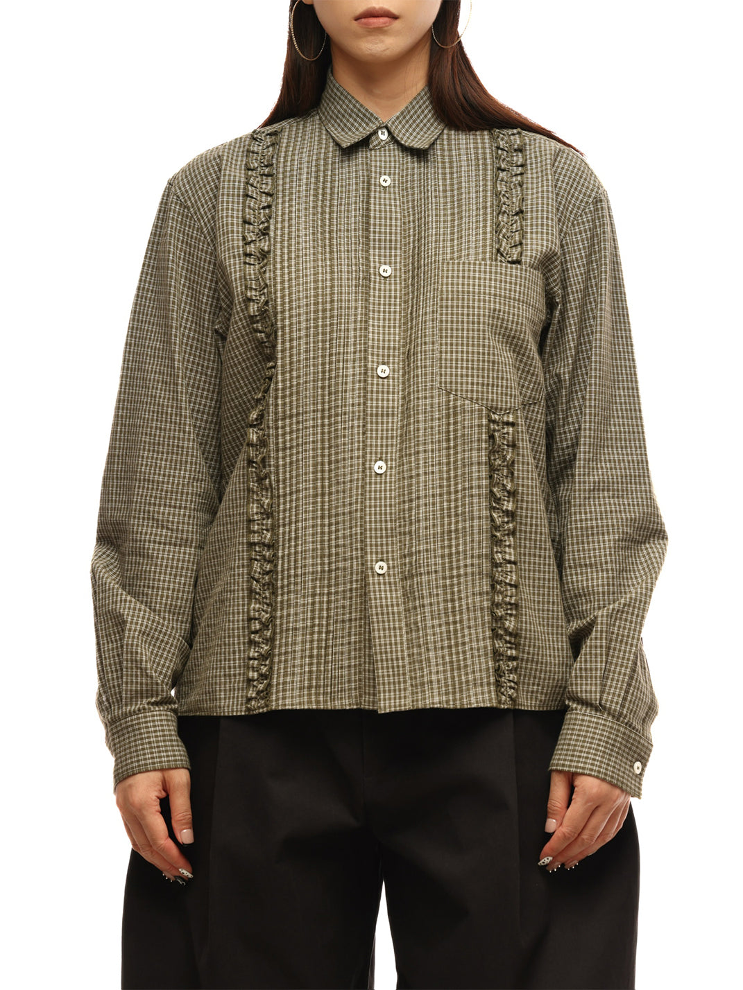 Ruffle Plaid Cotton Shirt - Olive Green