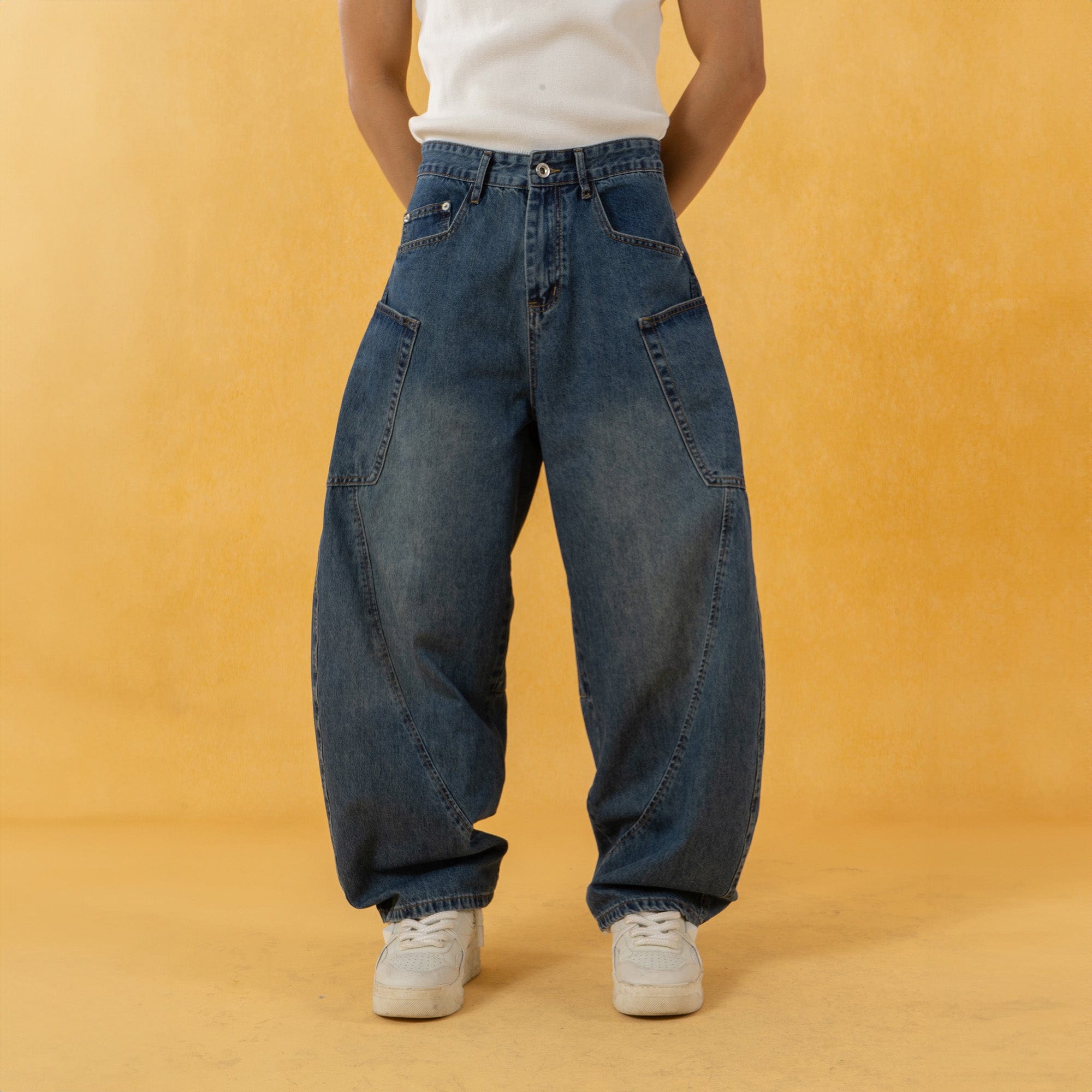 Spliced Baggy Curved Panel Denim Jeans