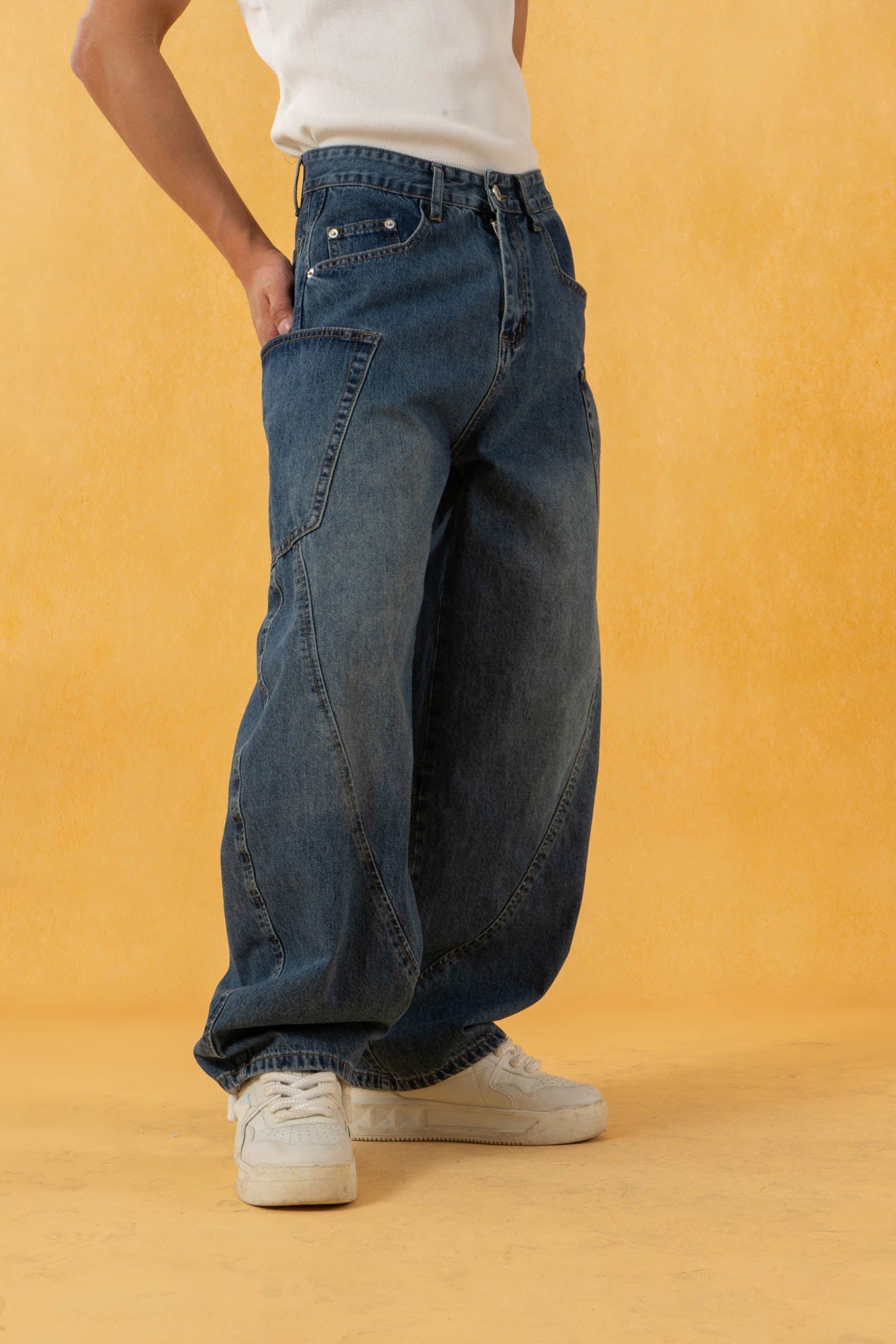 Spliced Baggy Curved Panel Denim Jeans