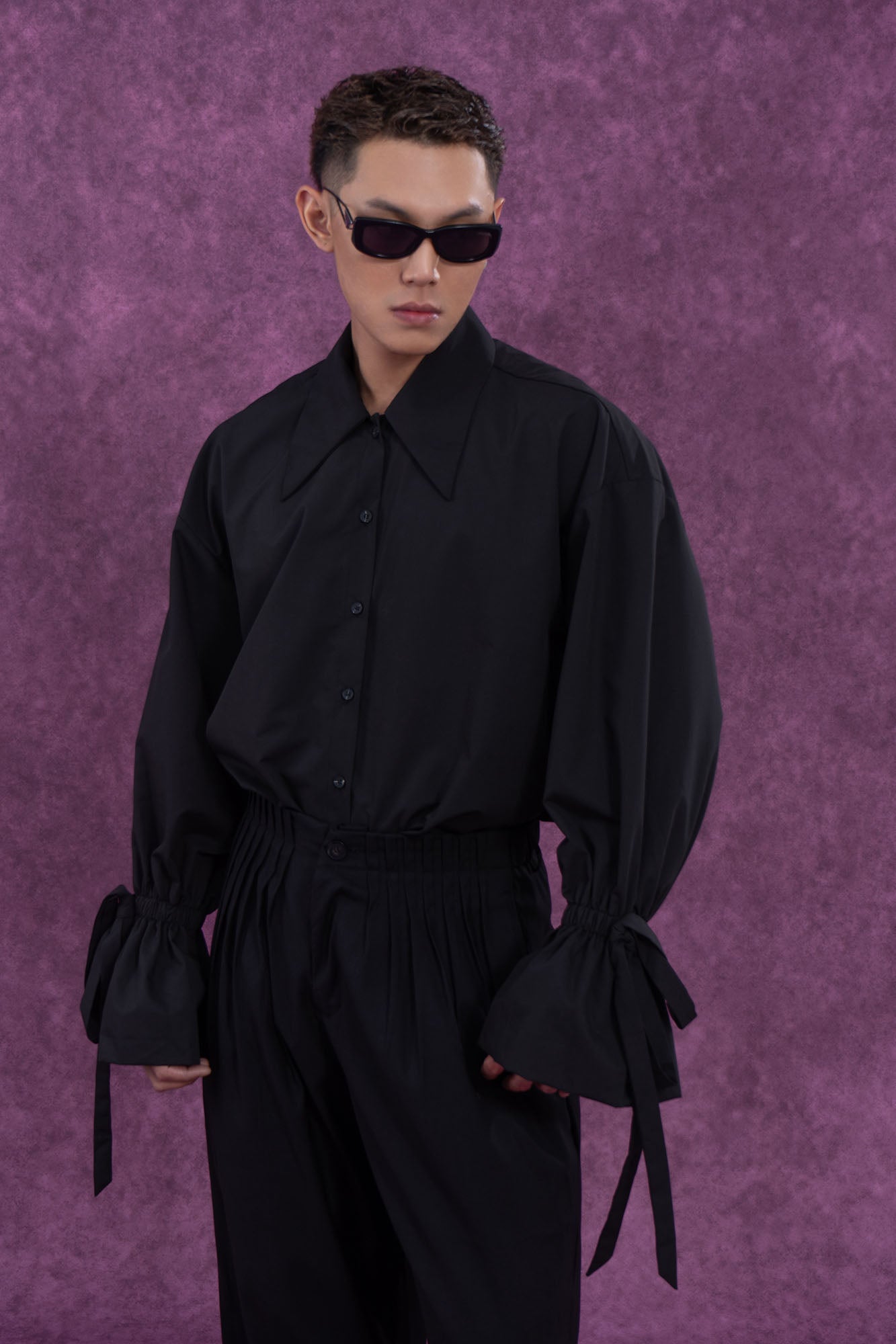 Button-Up Shirt with Tied Balloon Sleeves