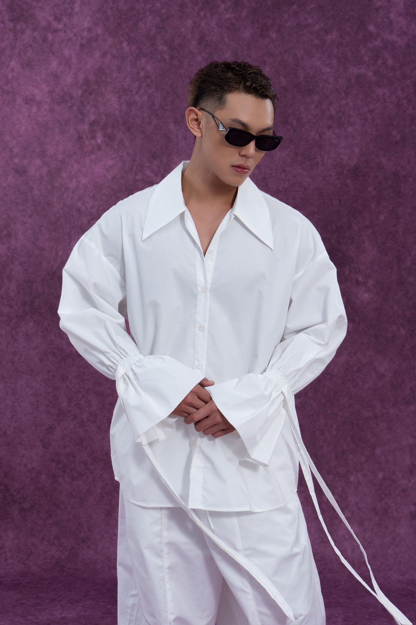 Button-Up Shirt with Tied Balloon Sleeves