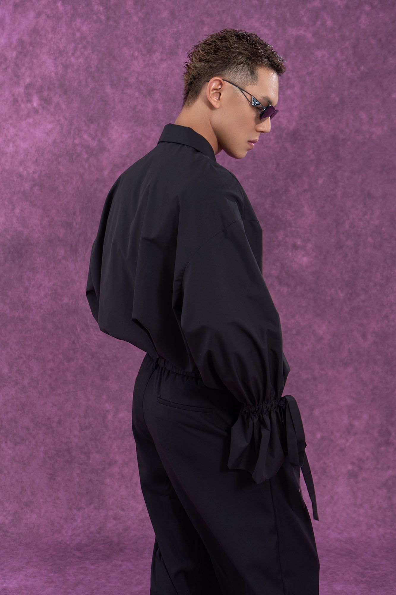 Button-Up Shirt with Tied Balloon Sleeves