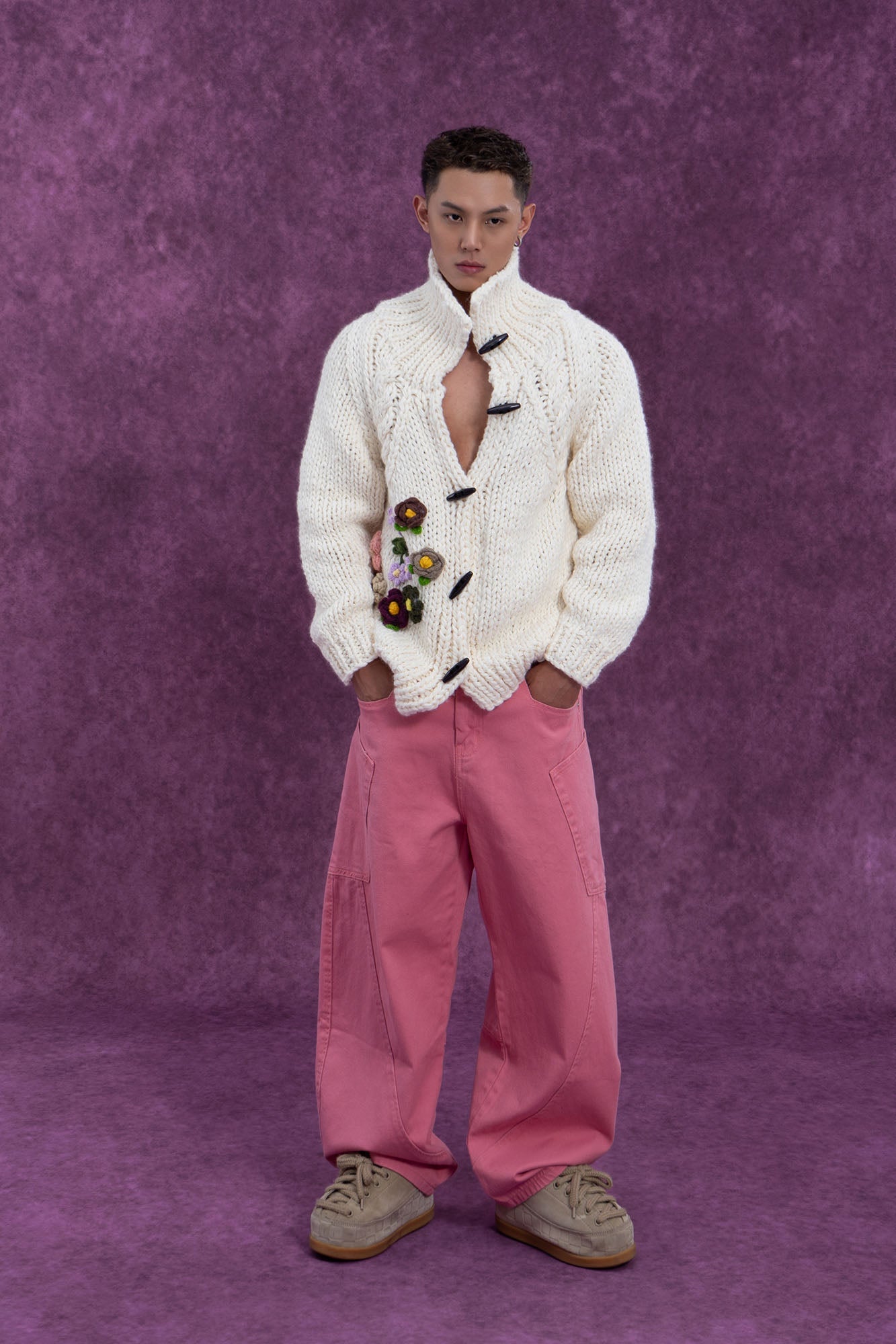 Chunky Knit Cardigan with Crocheted Flowers