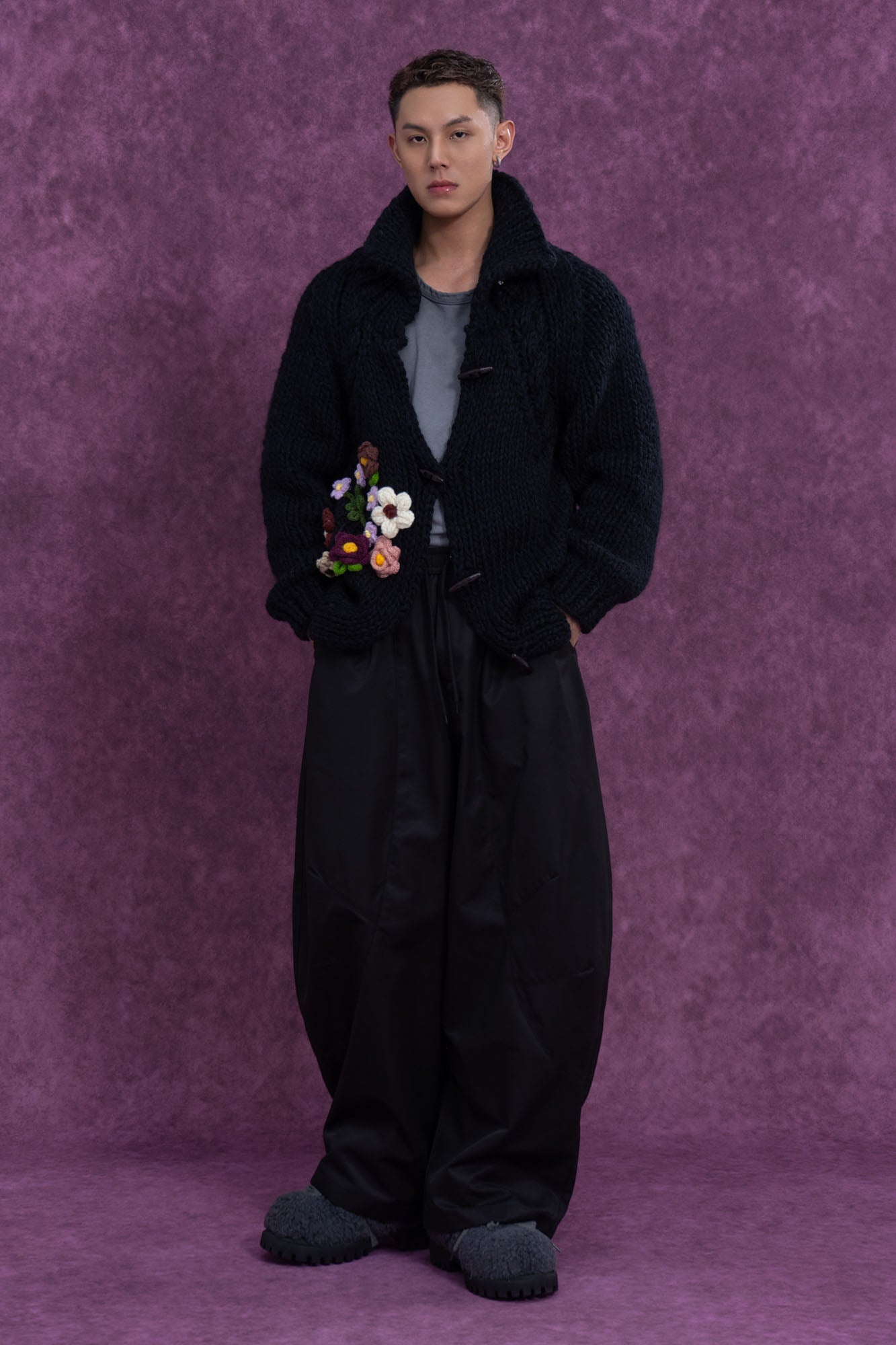 Chunky Knit Cardigan with Crocheted Flowers