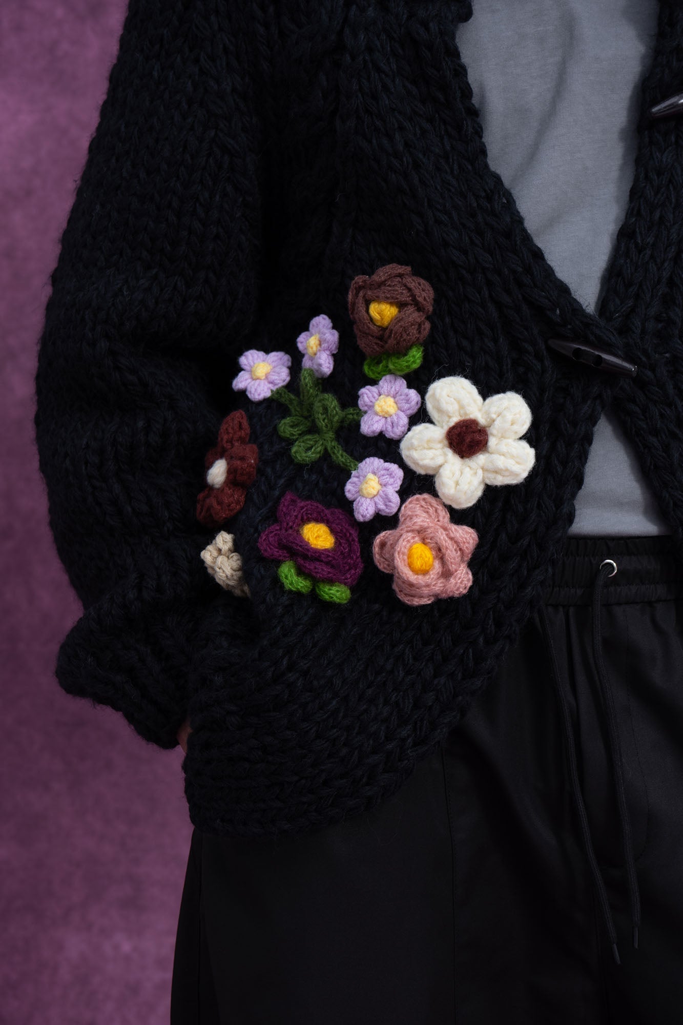 Chunky Knit Cardigan with Crocheted Flowers