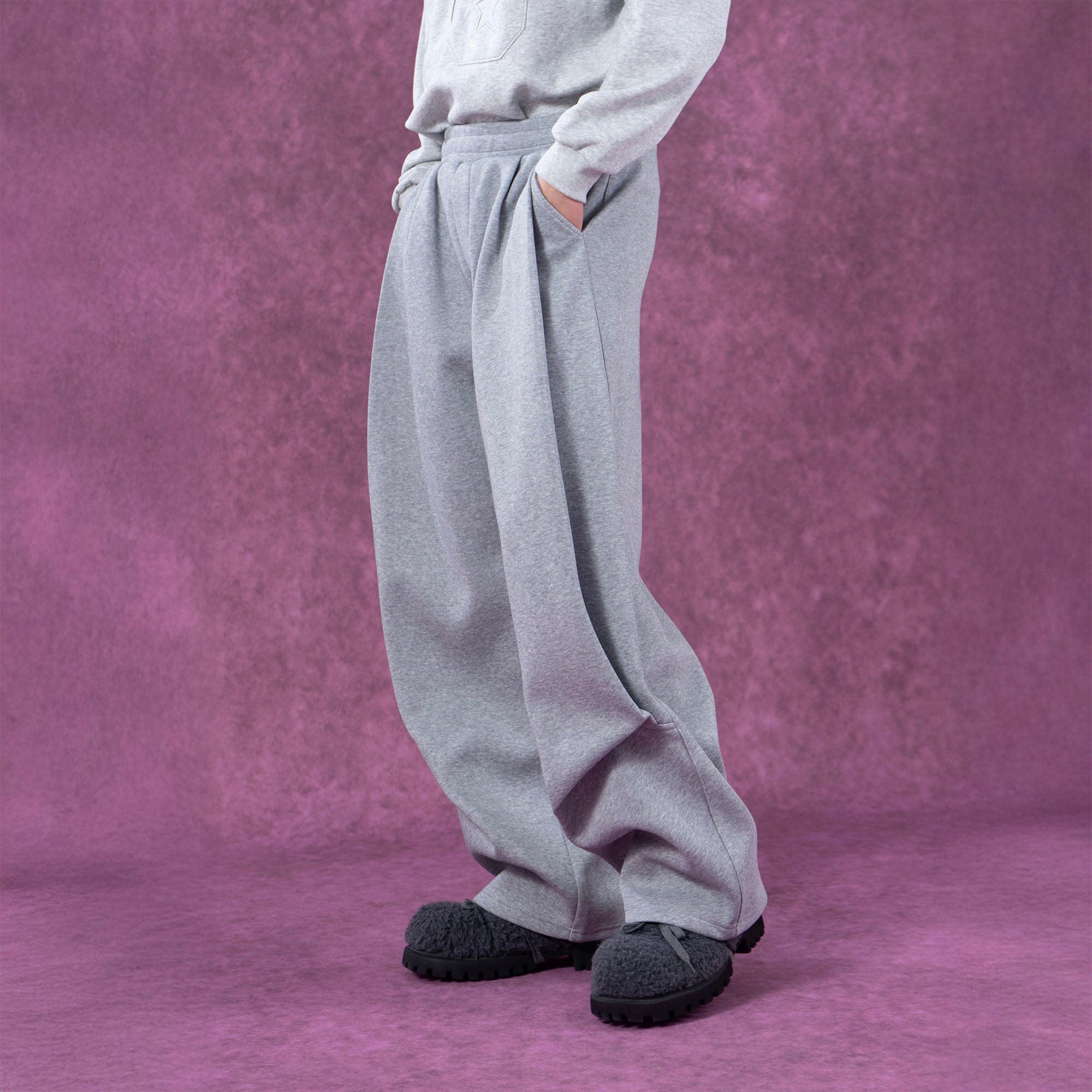 Gray and Black Pleated Wide-Leg Sweatpants