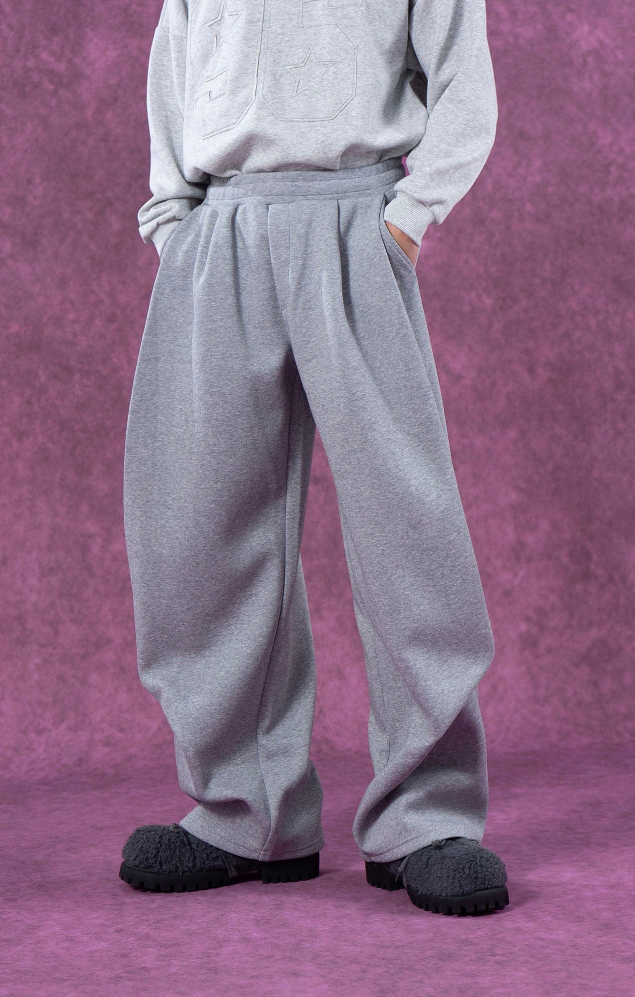 Gray and Black Pleated Wide-Leg Sweatpants
