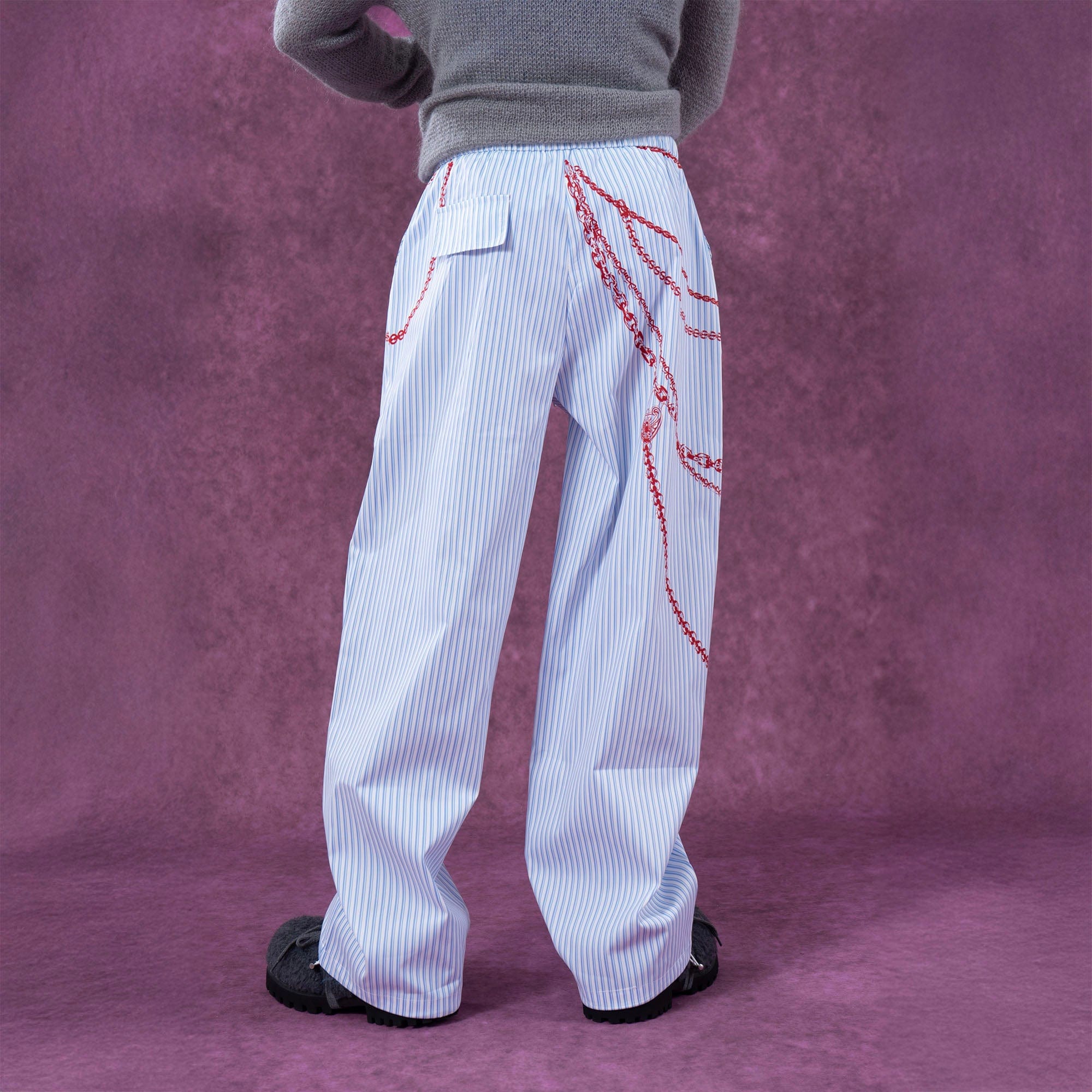 Blue Pinstripe Pants with Red Chain Print