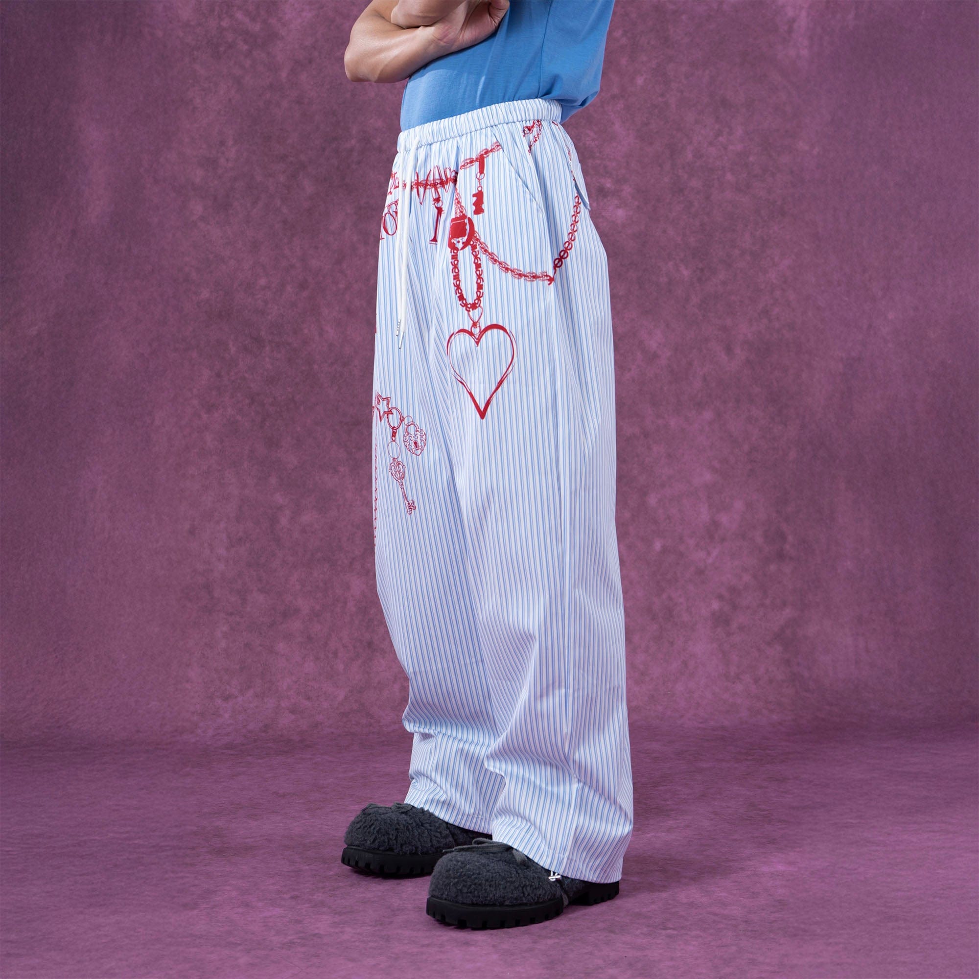 Blue Pinstripe Pants with Red Chain Print