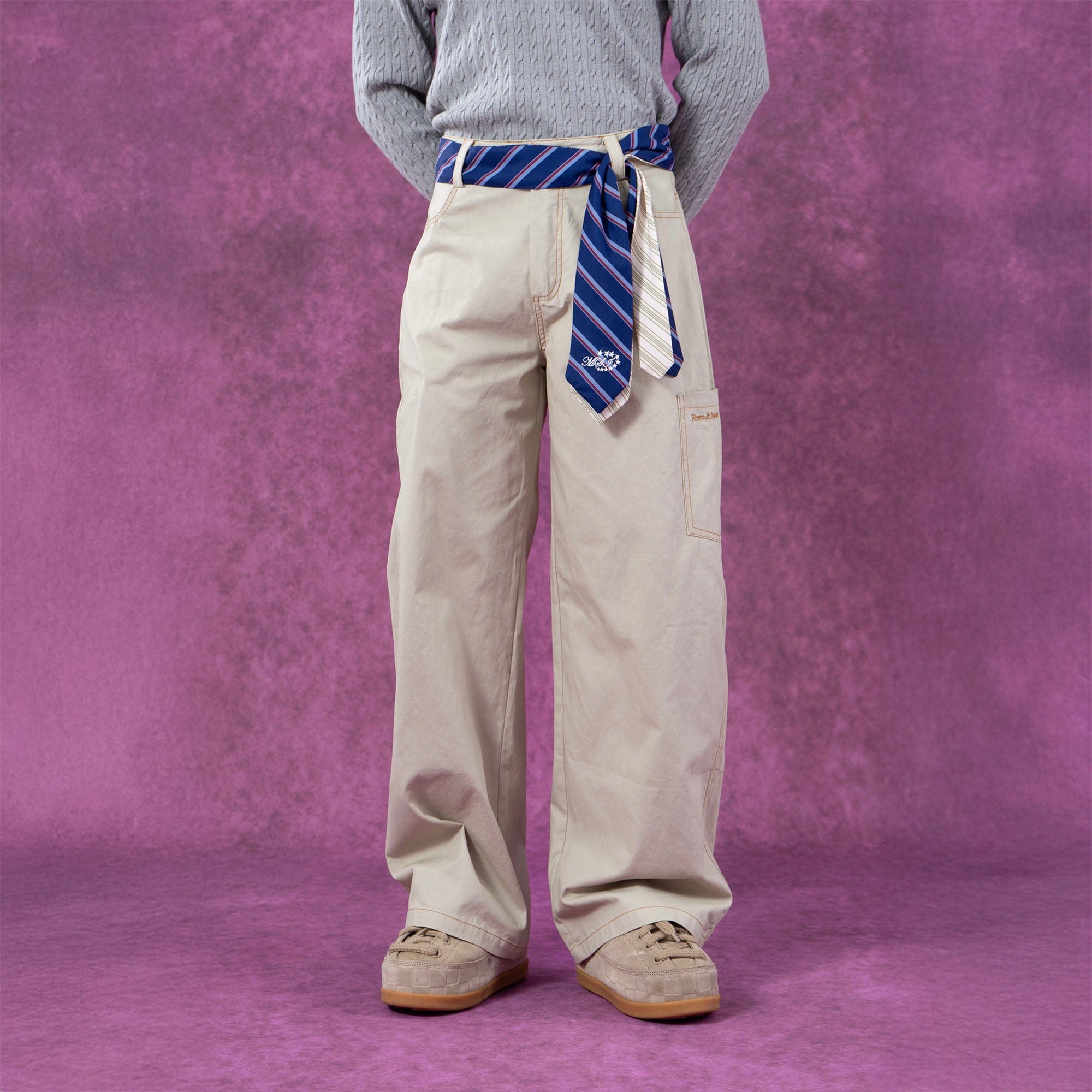 Wide-Leg Pants with Striped Tie Belt by CLP | Chiclara