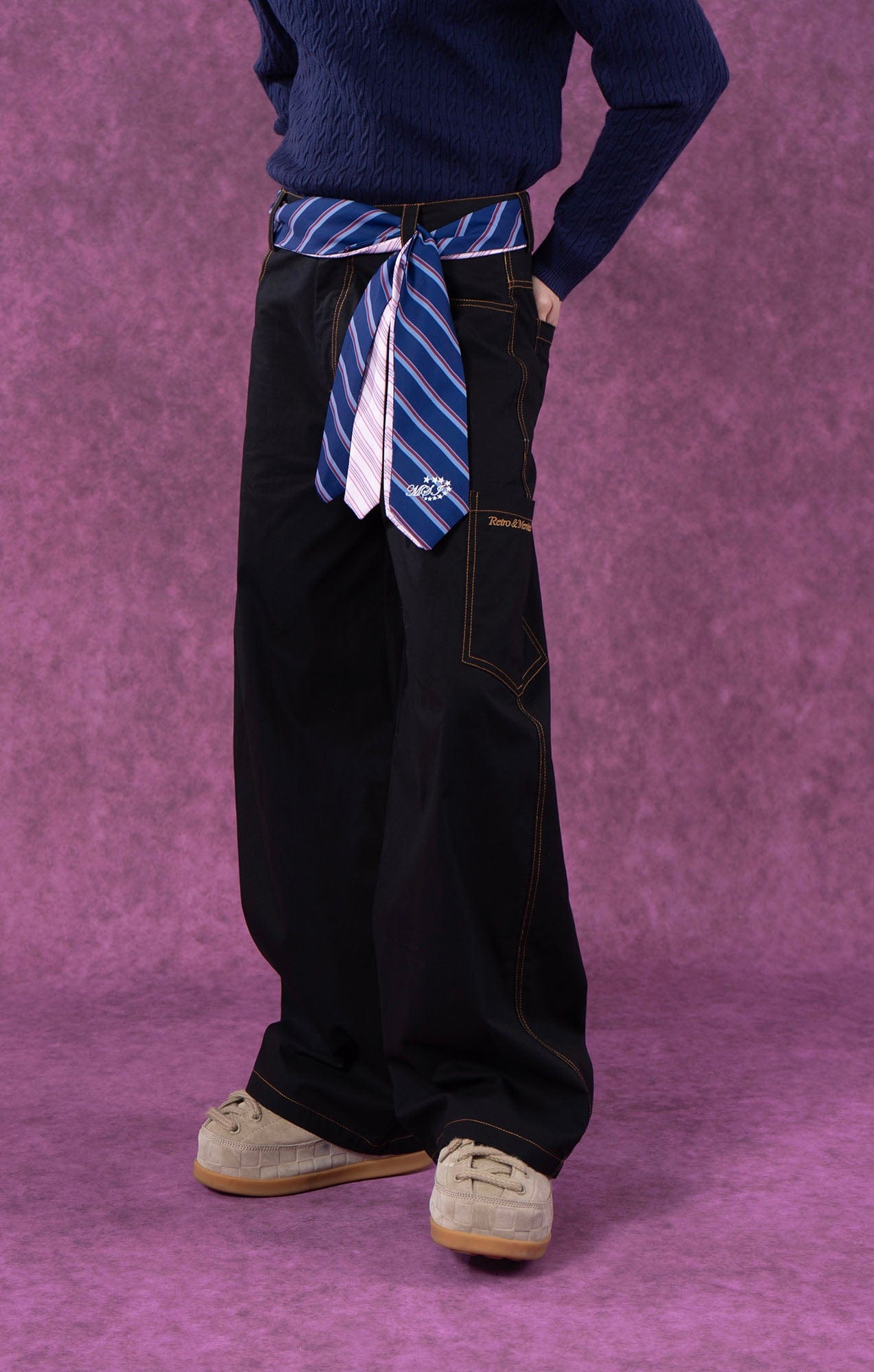 Wide-Leg Pants with Striped Tie Belt