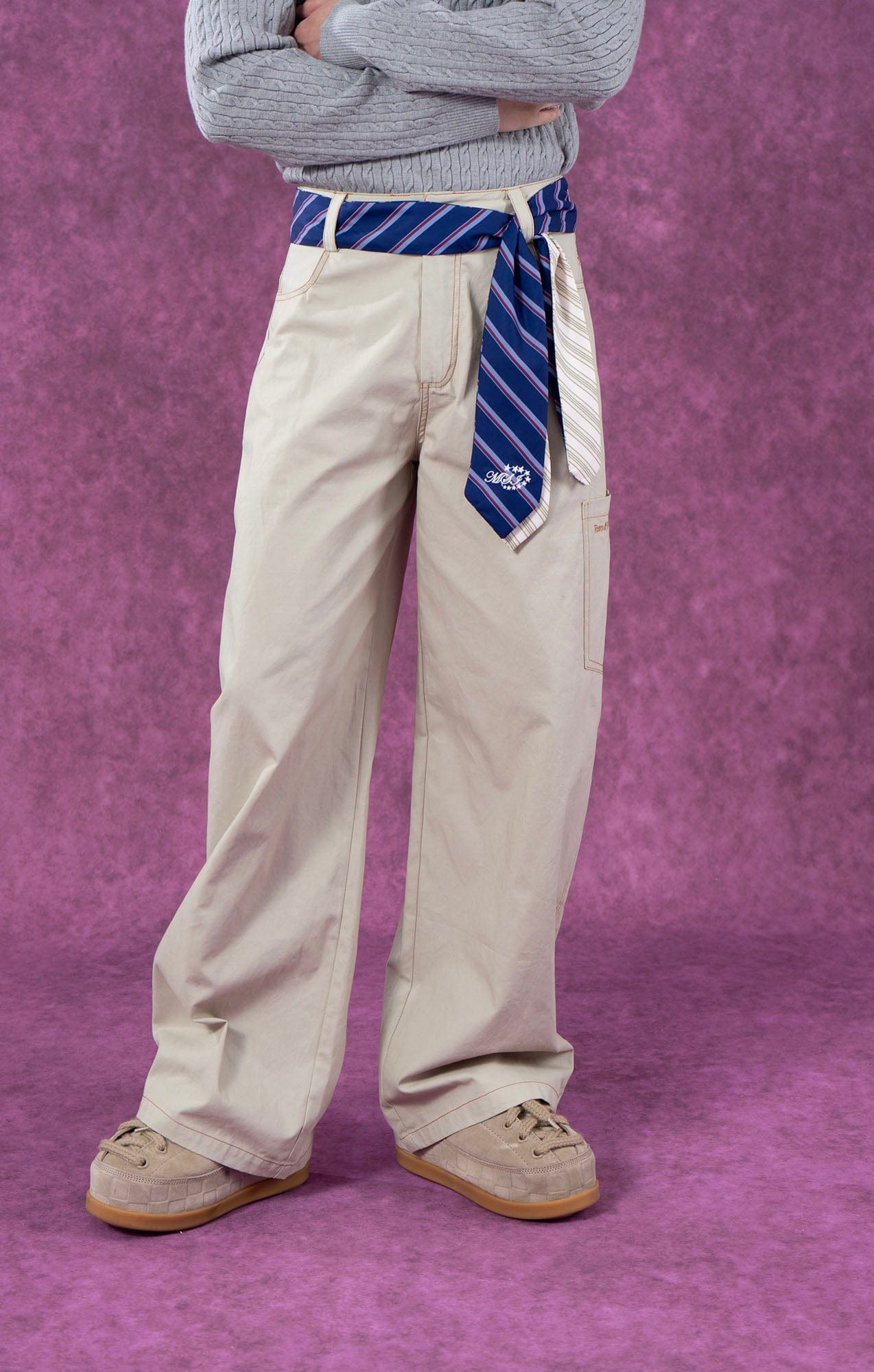 Wide-Leg Pants with Striped Tie Belt