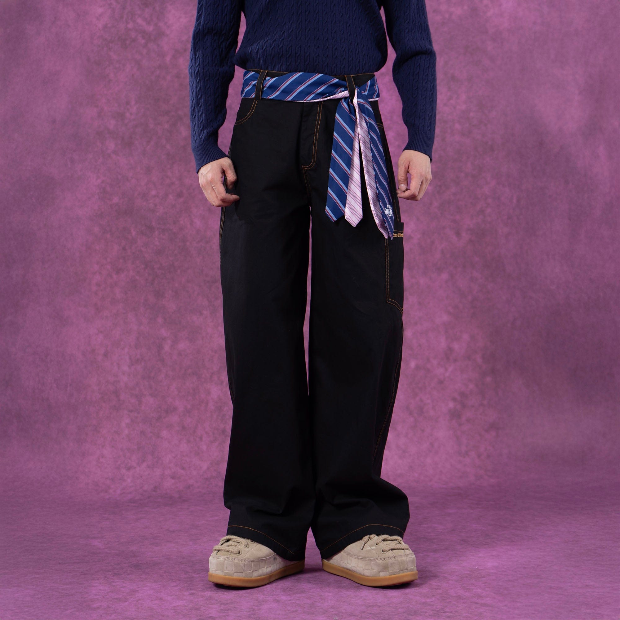 Wide-Leg Pants with Striped Tie Belt