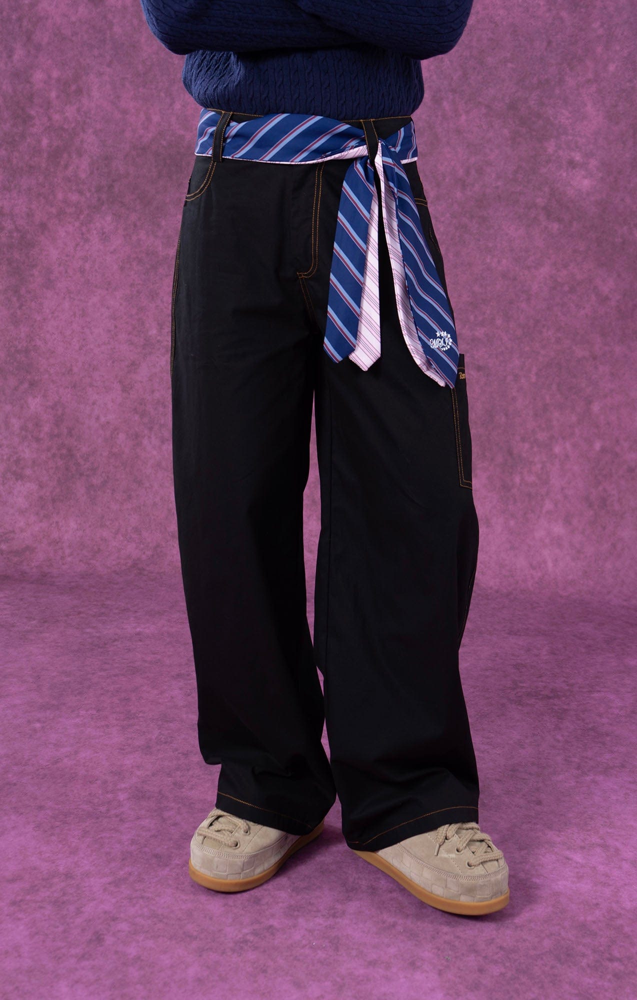 Wide-Leg Pants with Striped Tie Belt