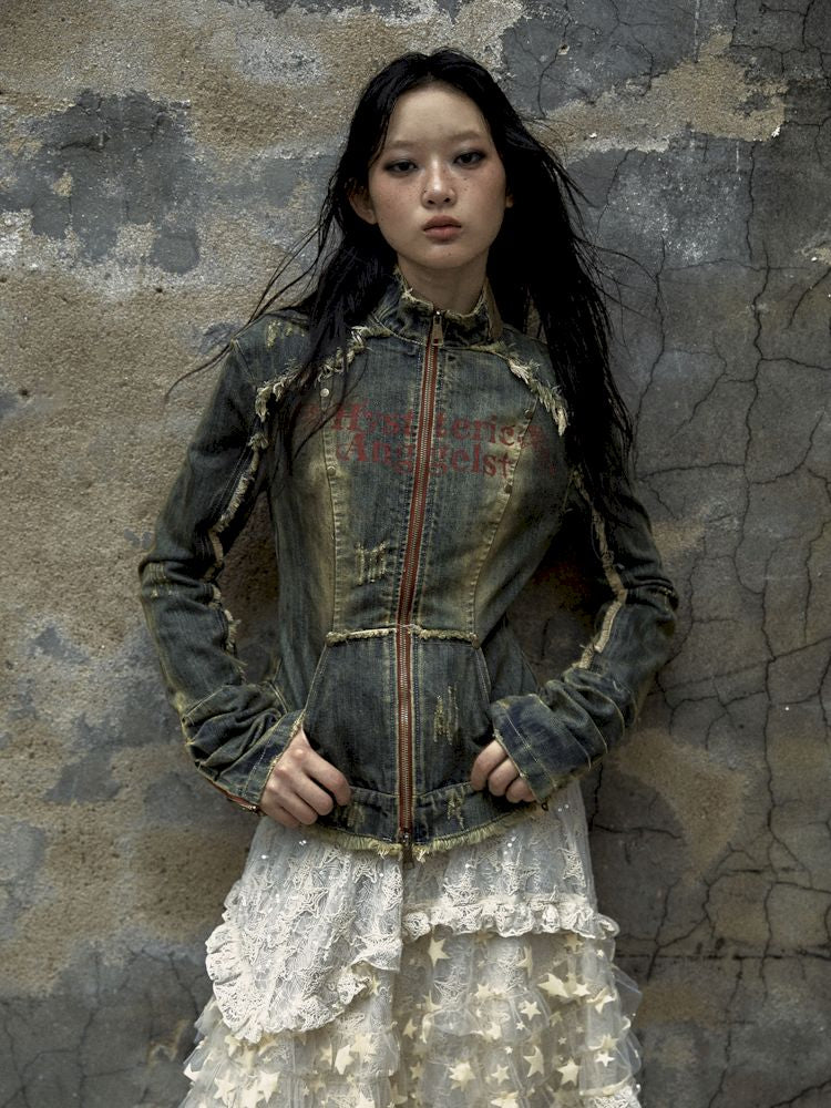 Veste de corset en jean en détresse