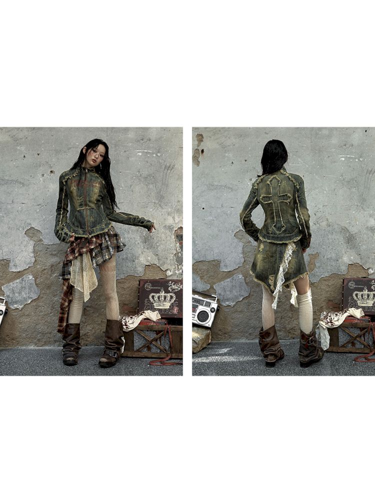 Veste de corset en jean en détresse