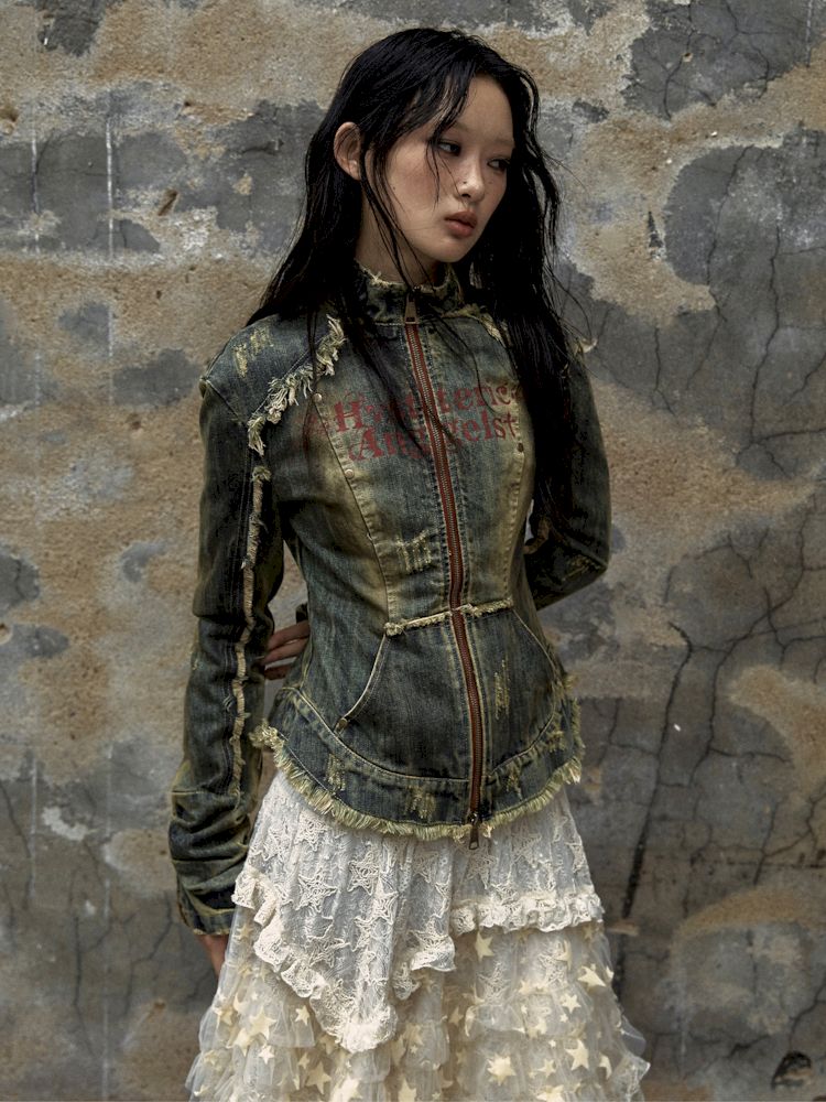 Veste de corset en jean en détresse