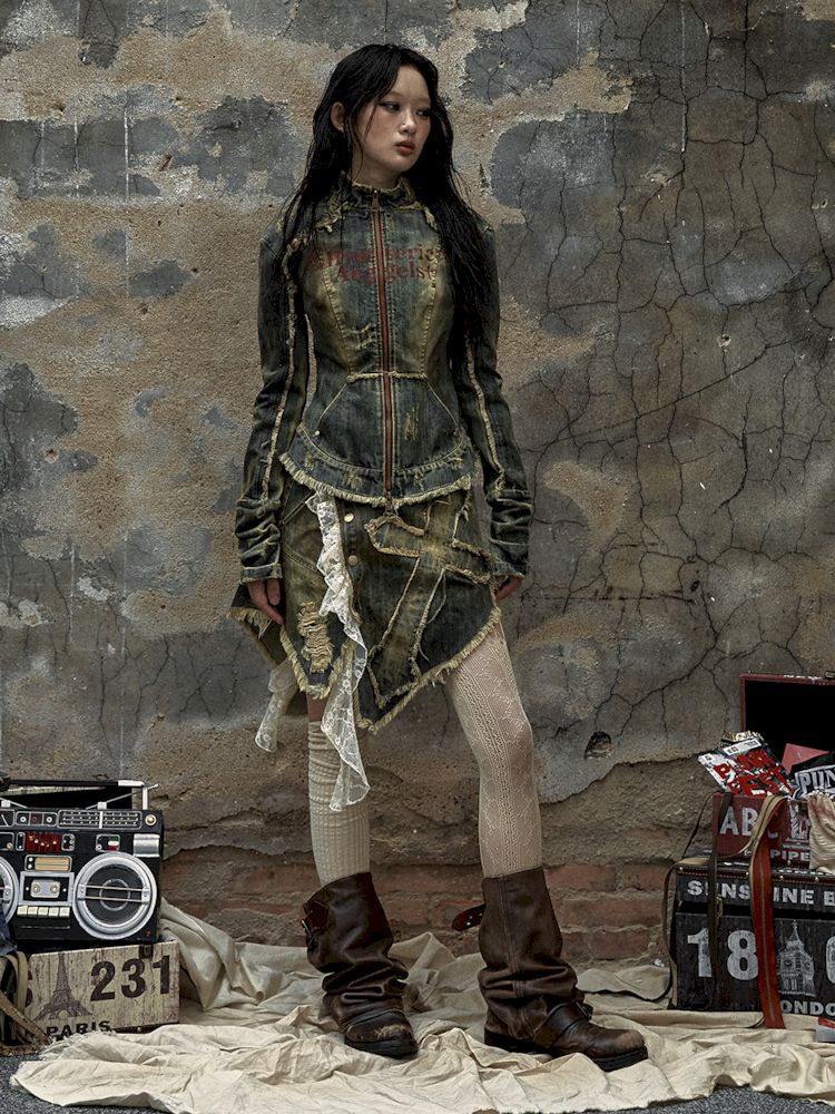 Veste de corset en jean en détresse
