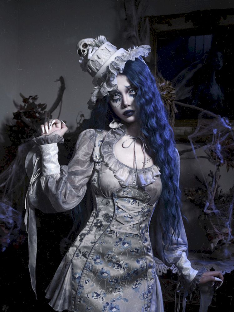 Victorian-Style Corset Dress with Blue and Gray Floral Print Gray / M Victorian-Style Corset Dress with Blue and Gray Floral Print Gray / M