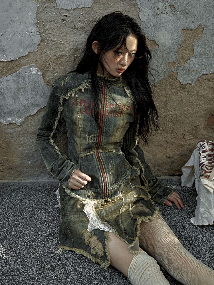 Veste de corset en jean en détresse