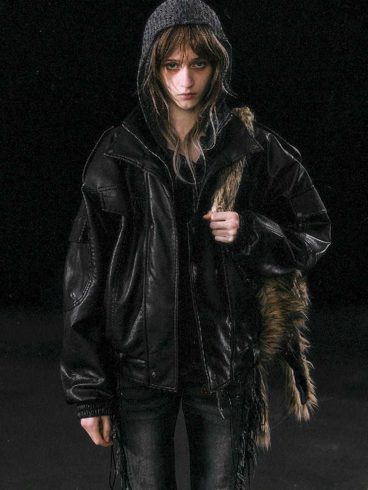 Removable Faux Fur Leather Biker Jacket